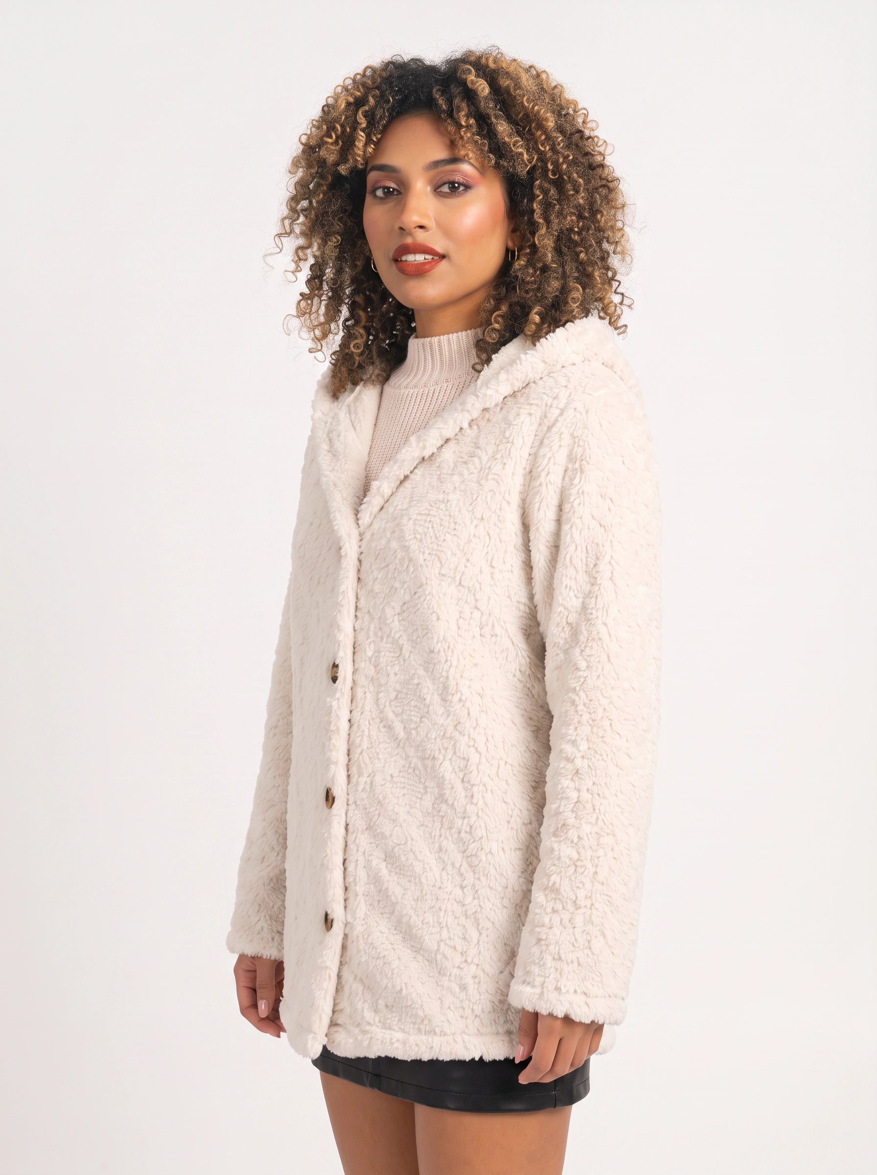 Bouclett Oversized Hooded Teddy Cardigan – Women Button-Front Fleece Jacket Longline Hoody Plush Outerwear