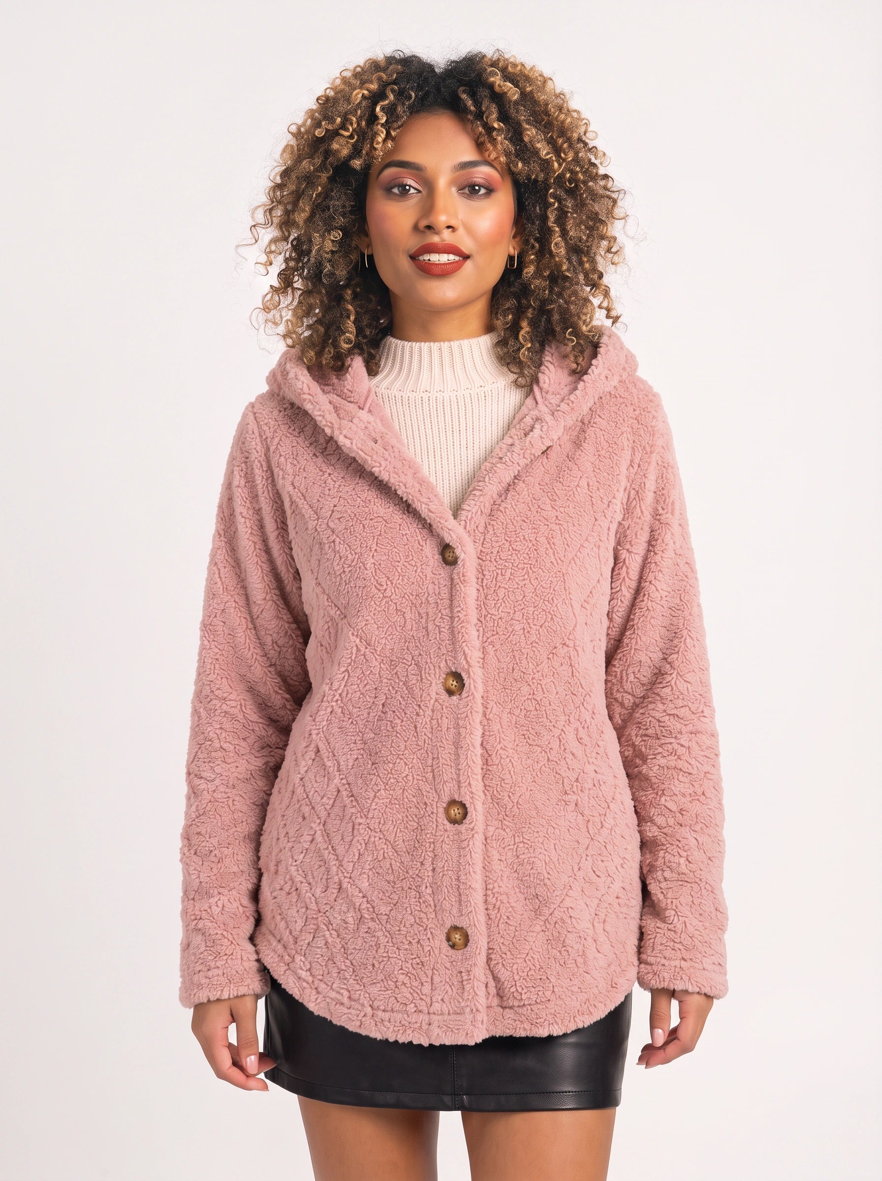 Bouclett Oversized Hooded Teddy Cardigan – Women Button-Front Fleece Jacket Longline Hoody Plush Outerwear