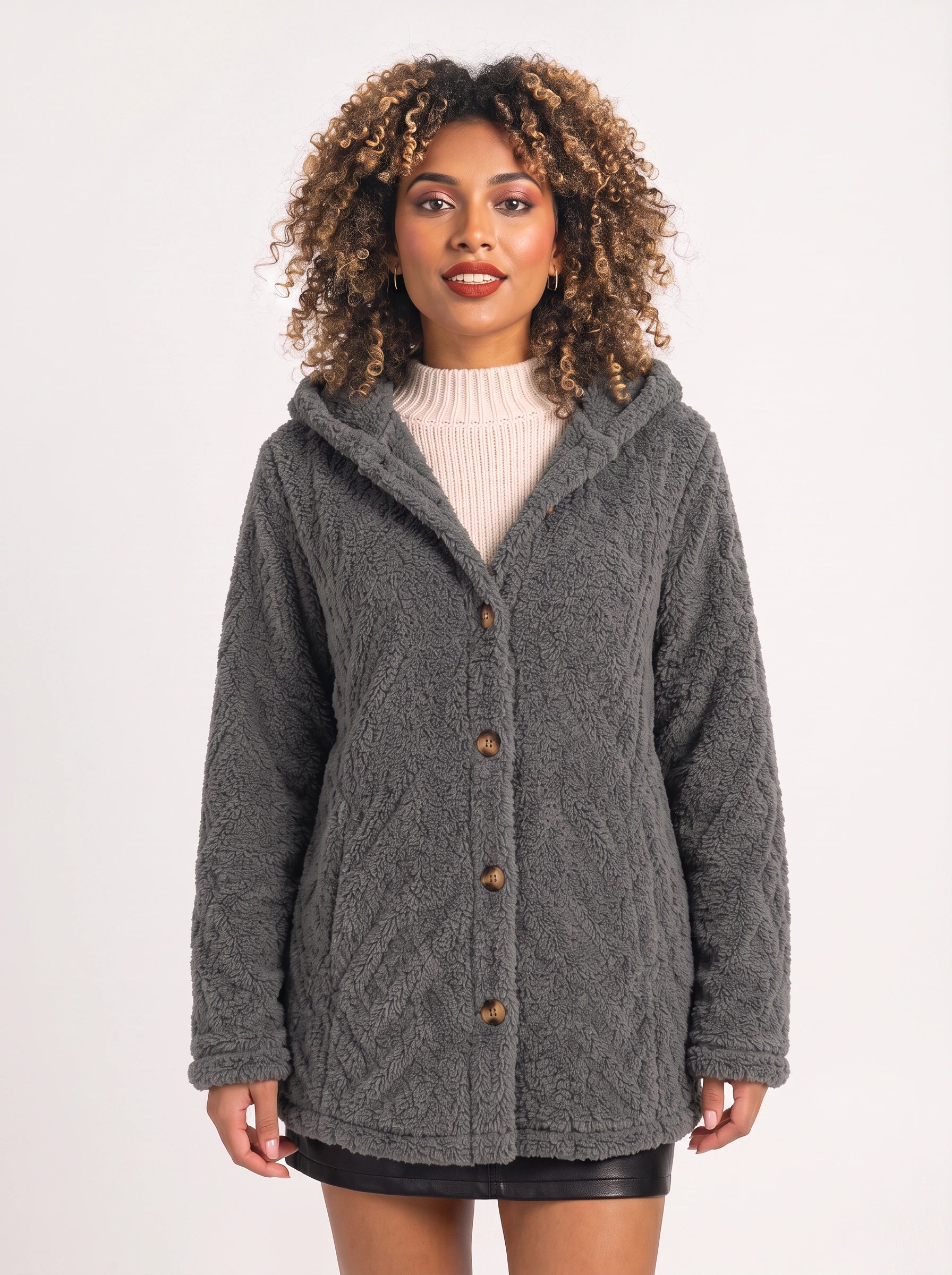 Bouclett Oversized Hooded Teddy Cardigan – Women Button-Front Fleece Jacket Longline Hoody Plush Outerwear
