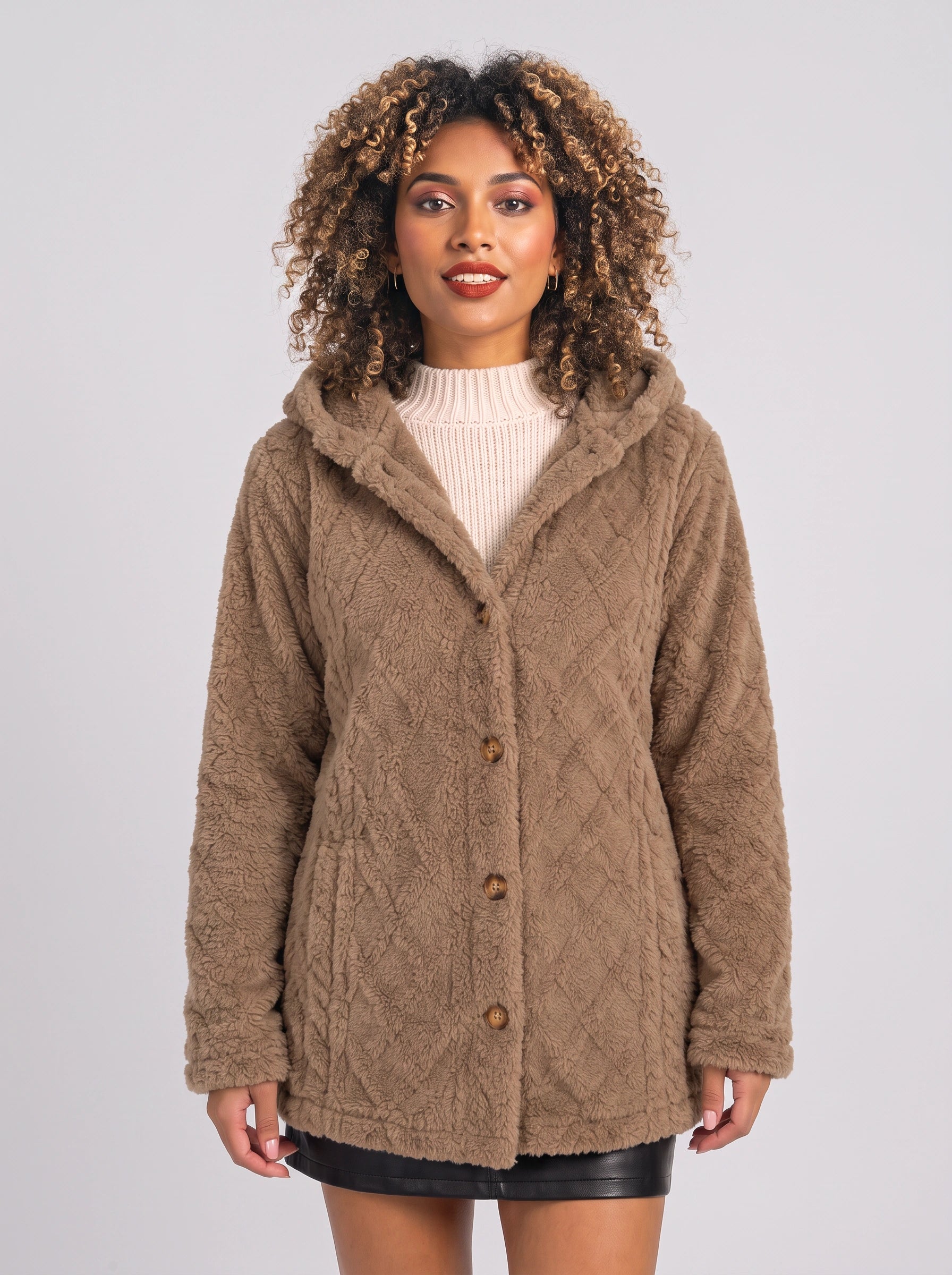 Bouclett Oversized Hooded Teddy Cardigan – Women Button-Front Fleece Jacket Longline Hoody Plush Outerwear