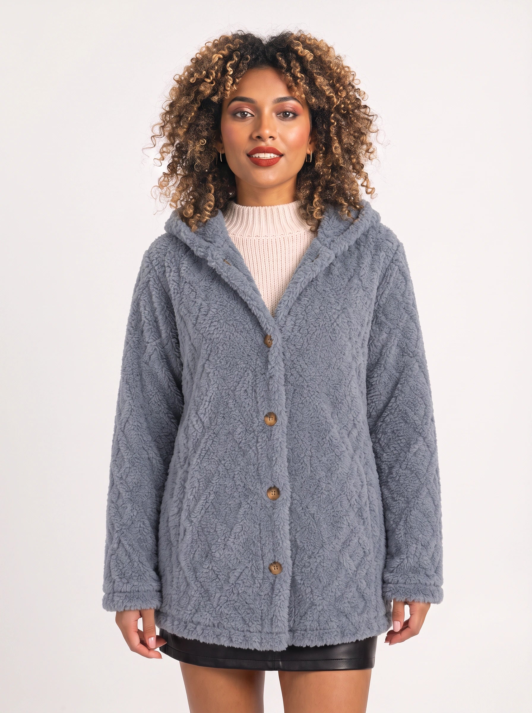 Bouclett Oversized Hooded Teddy Cardigan – Women Button-Front Fleece Jacket Longline Hoody Plush Outerwear