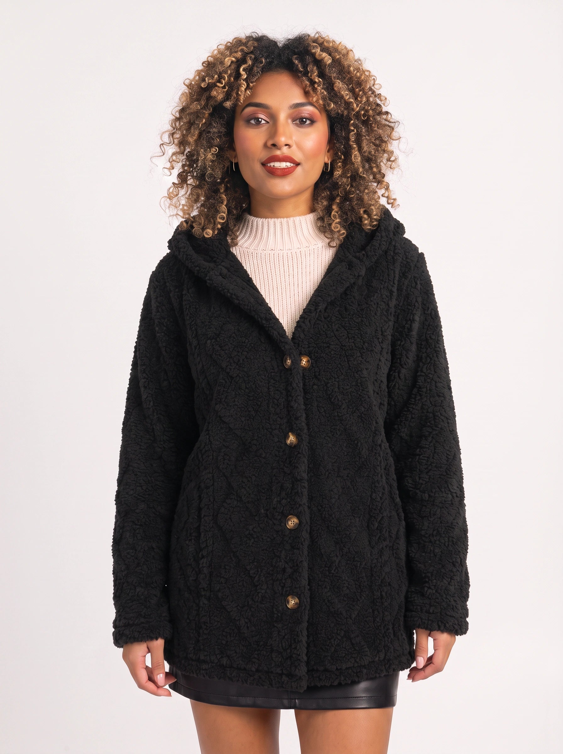 Bouclett Oversized Hooded Teddy Cardigan – Women Button-Front Fleece Jacket Longline Hoody Plush Outerwear