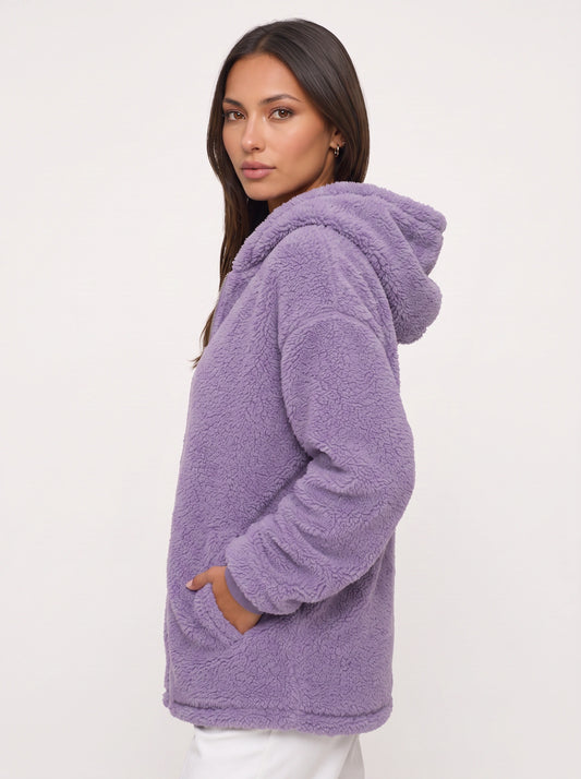 Flufosa Oversized Hooded Teddy Jacket – Zippered Hooded Sweatshirt Women Longline Plush Cardigan Pockets