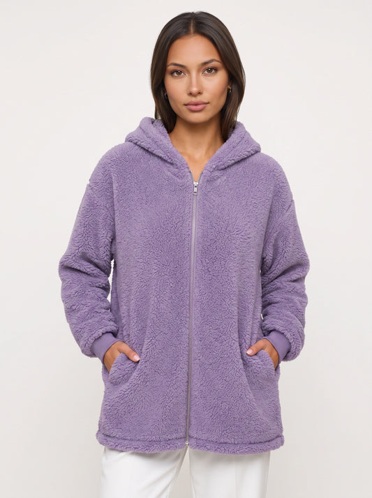 Flufosa Oversized Hooded Teddy Jacket – Zippered Hooded Sweatshirt Women Longline Plush Cardigan Pockets