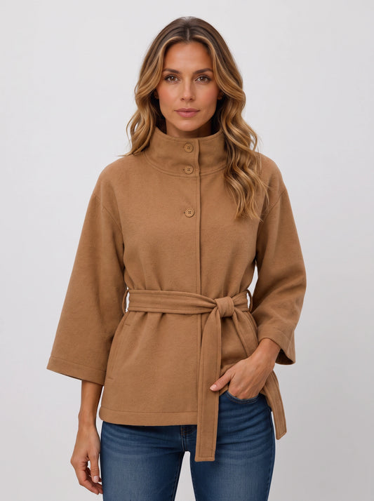 Camellis Funnel Neck Belted Cape Jacket – Women Wrap Coat Stand Collar Button Front Belted Waist