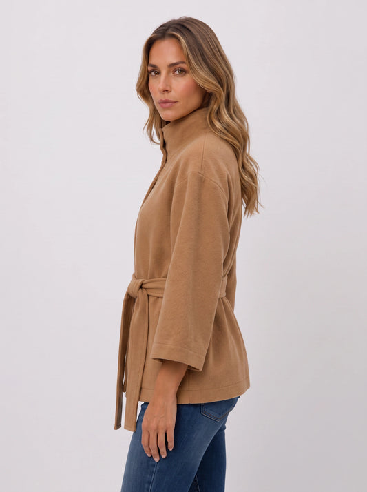 Camellis Funnel Neck Belted Cape Jacket – Women Wrap Coat Stand Collar Button Front Belted Waist