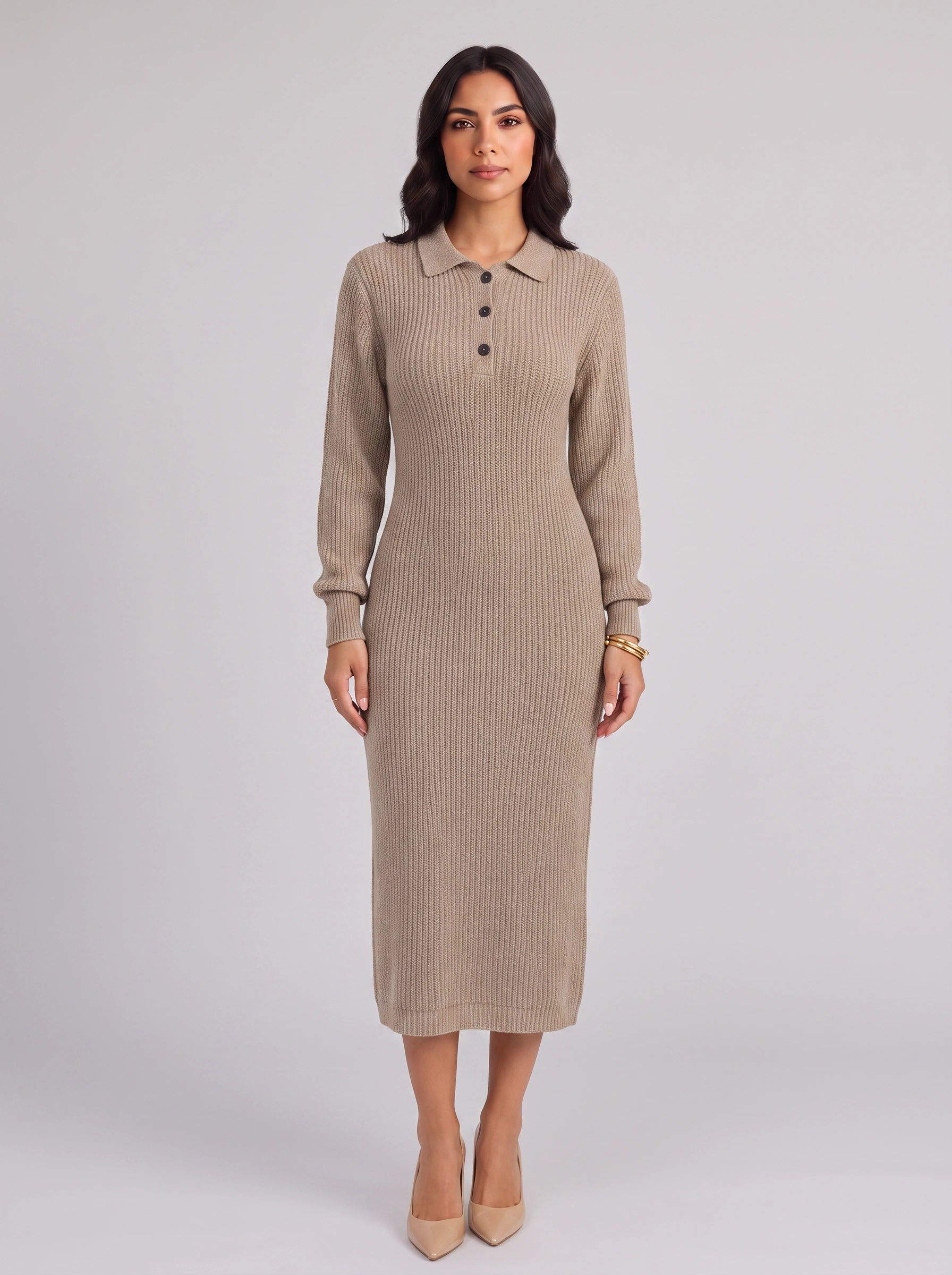 Costella Ribbed Polo Collar Midi Dress – Knit Sweater Women Casual Long Sleeve Button Neck Midi Dress