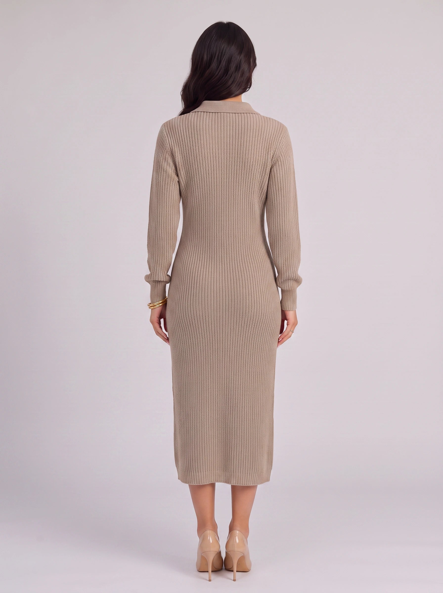 Costella Ribbed Polo Collar Midi Dress – Knit Sweater Women Casual Long Sleeve Button Neck Midi Dress