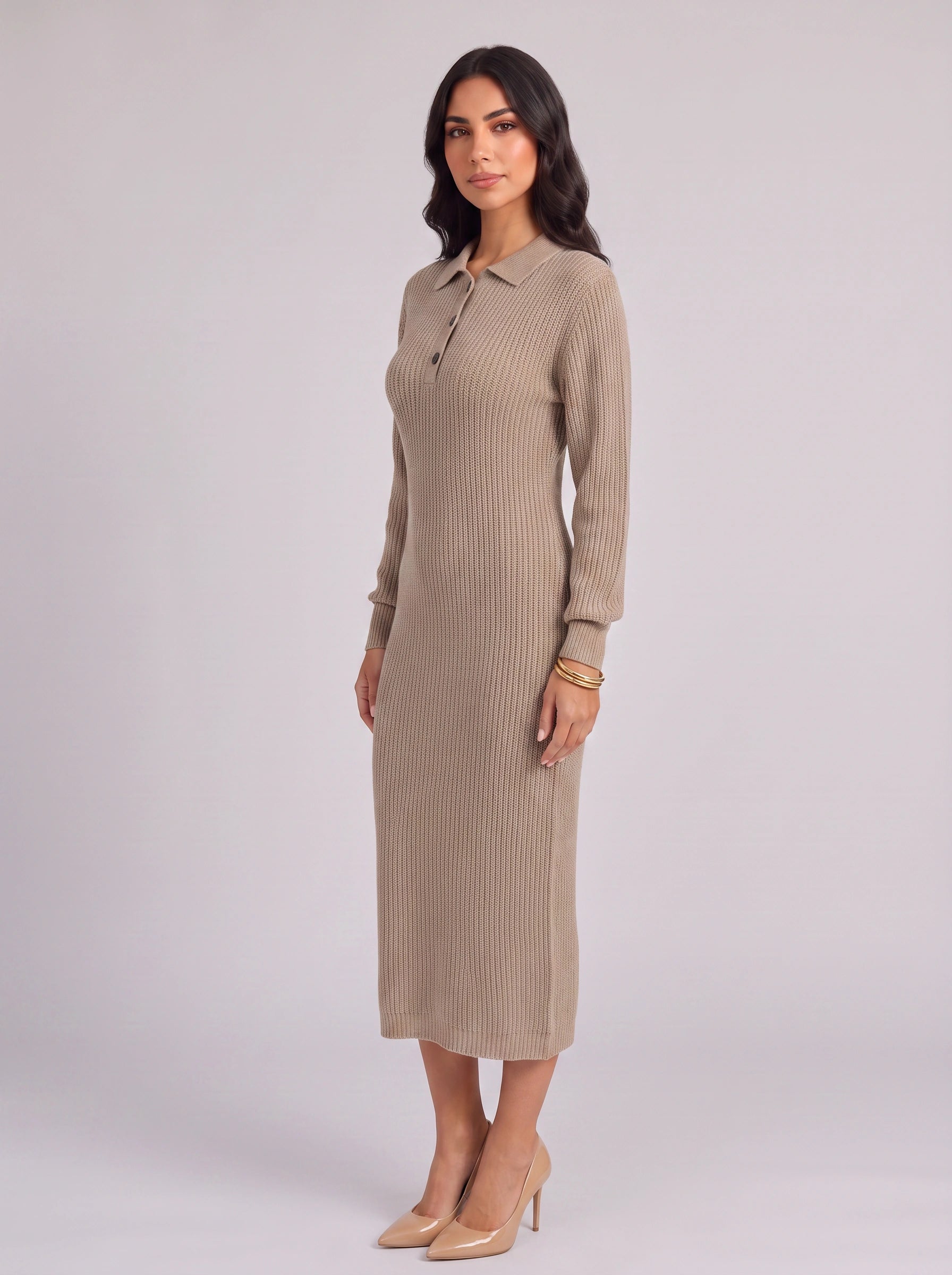 Costella Ribbed Polo Collar Midi Dress – Knit Sweater Women Casual Long Sleeve Button Neck Midi Dress
