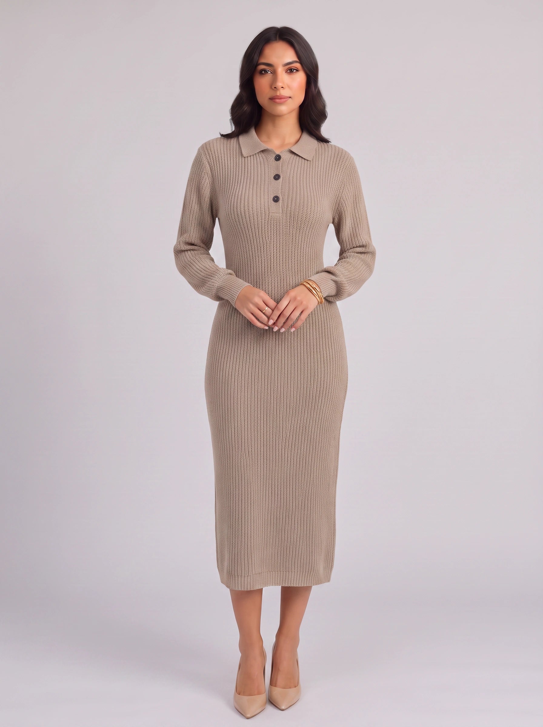Costella Ribbed Polo Collar Midi Dress – Knit Sweater Women Casual Long Sleeve Button Neck Midi Dress