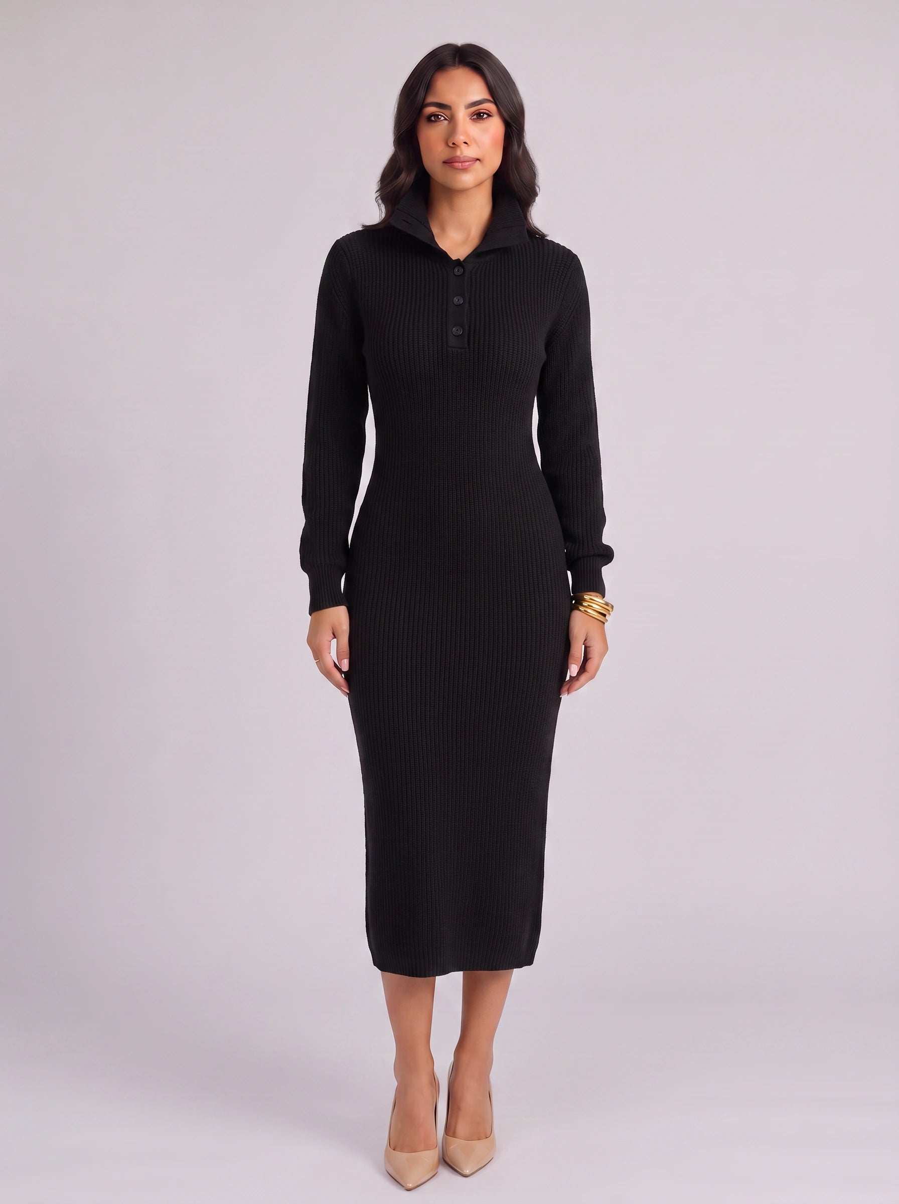 Costella Ribbed Polo Collar Midi Dress – Knit Sweater Women Casual Long Sleeve Button Neck Midi Dress