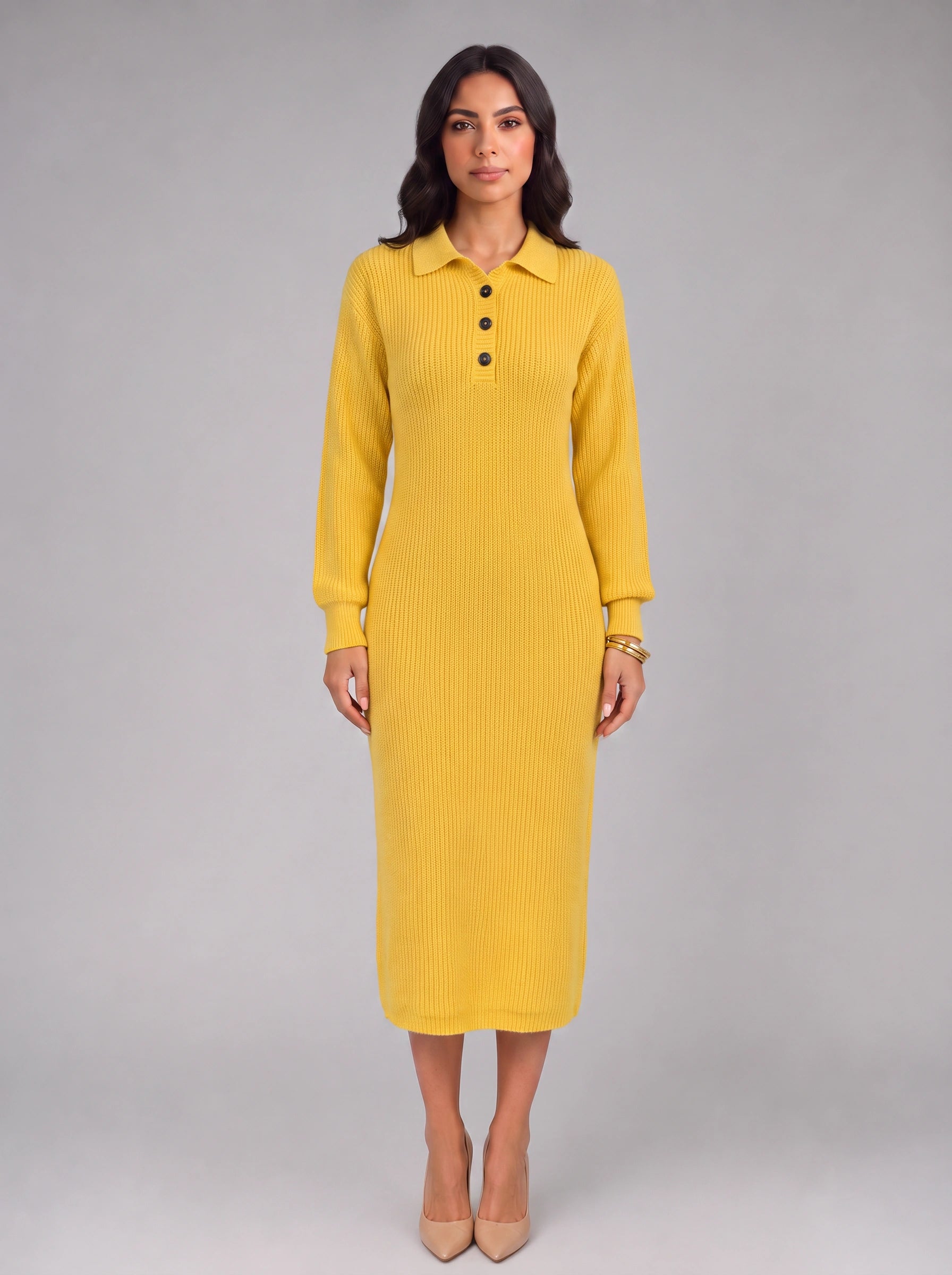 Costella Ribbed Polo Collar Midi Dress – Knit Sweater Women Casual Long Sleeve Button Neck Midi Dress