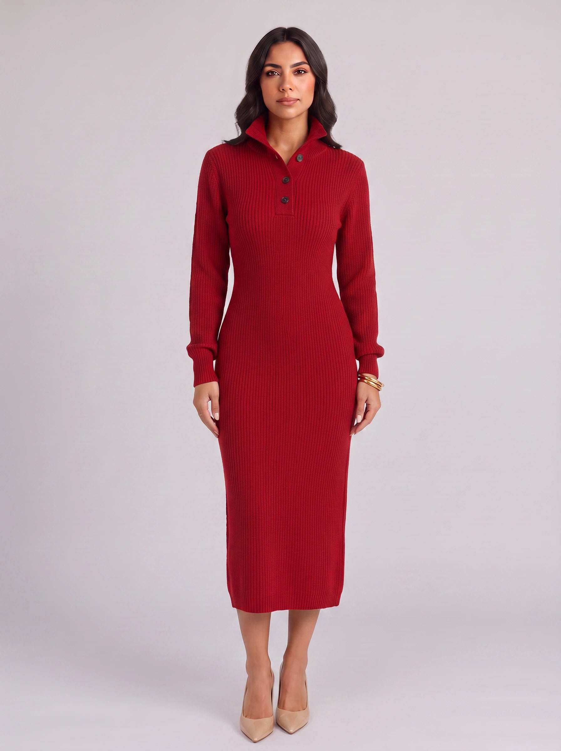 Costella Ribbed Polo Collar Midi Dress – Knit Sweater Women Casual Long Sleeve Button Neck Midi Dress