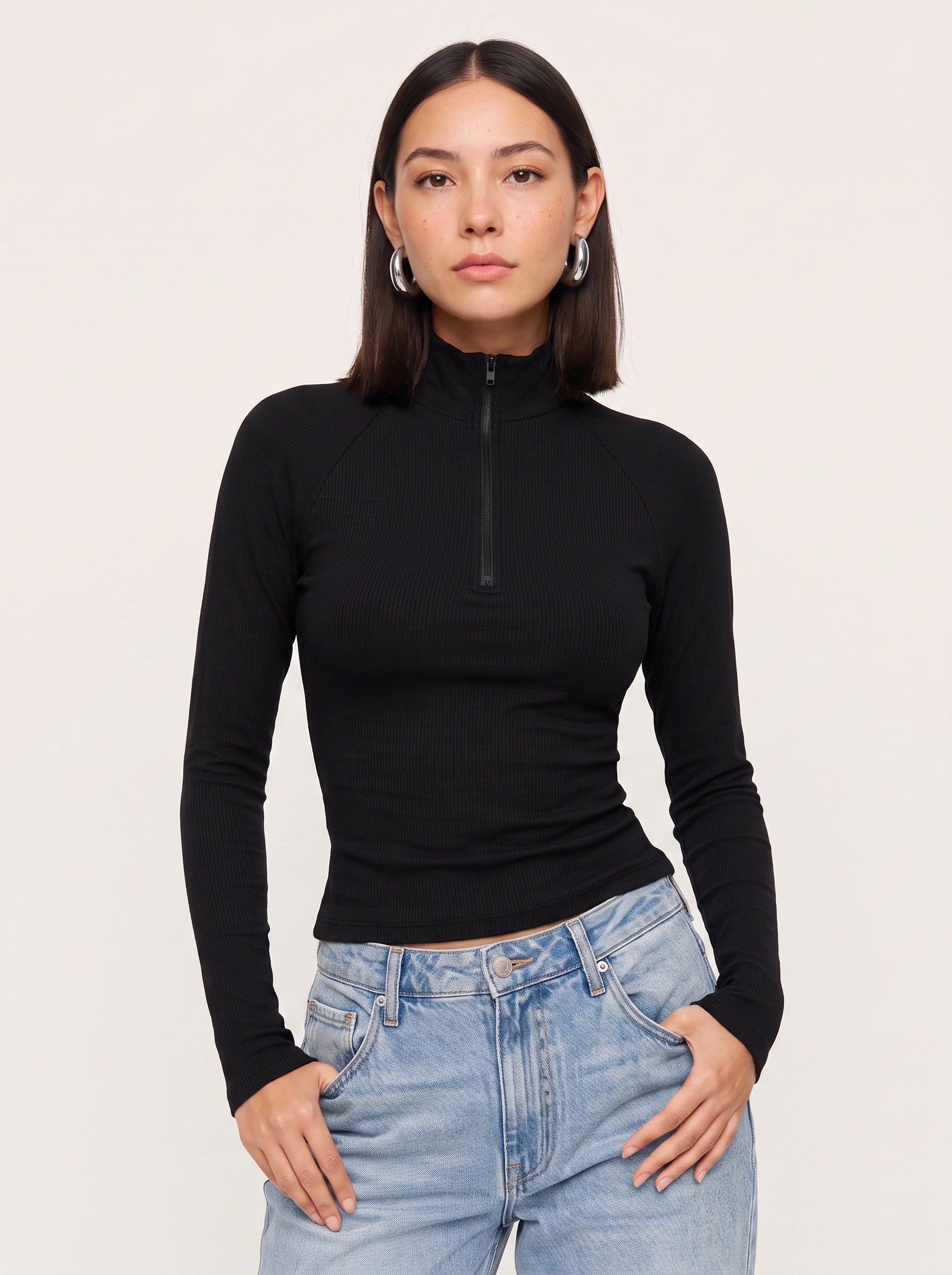 Costella Ribbed Half-Zip Crop Top – Women Long Sleeve High Neck Mock Neck Fitted Crop Top
