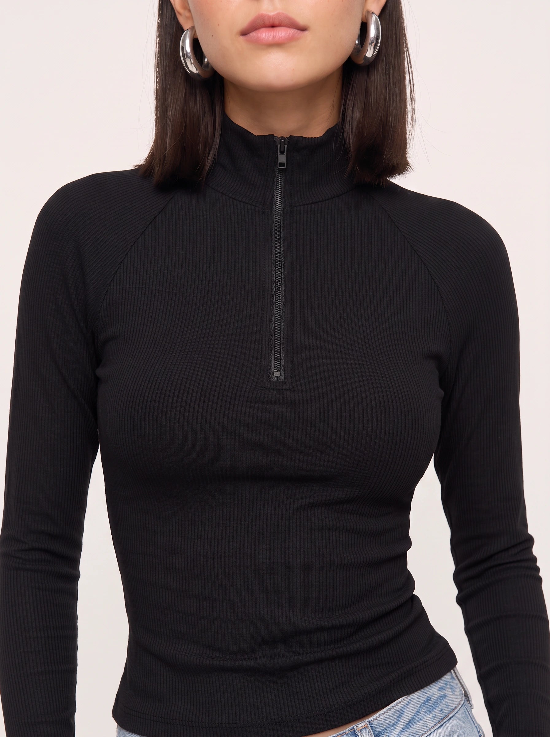 Costella Ribbed Half-Zip Crop Top – Women Long Sleeve High Neck Mock Neck Fitted Crop Top