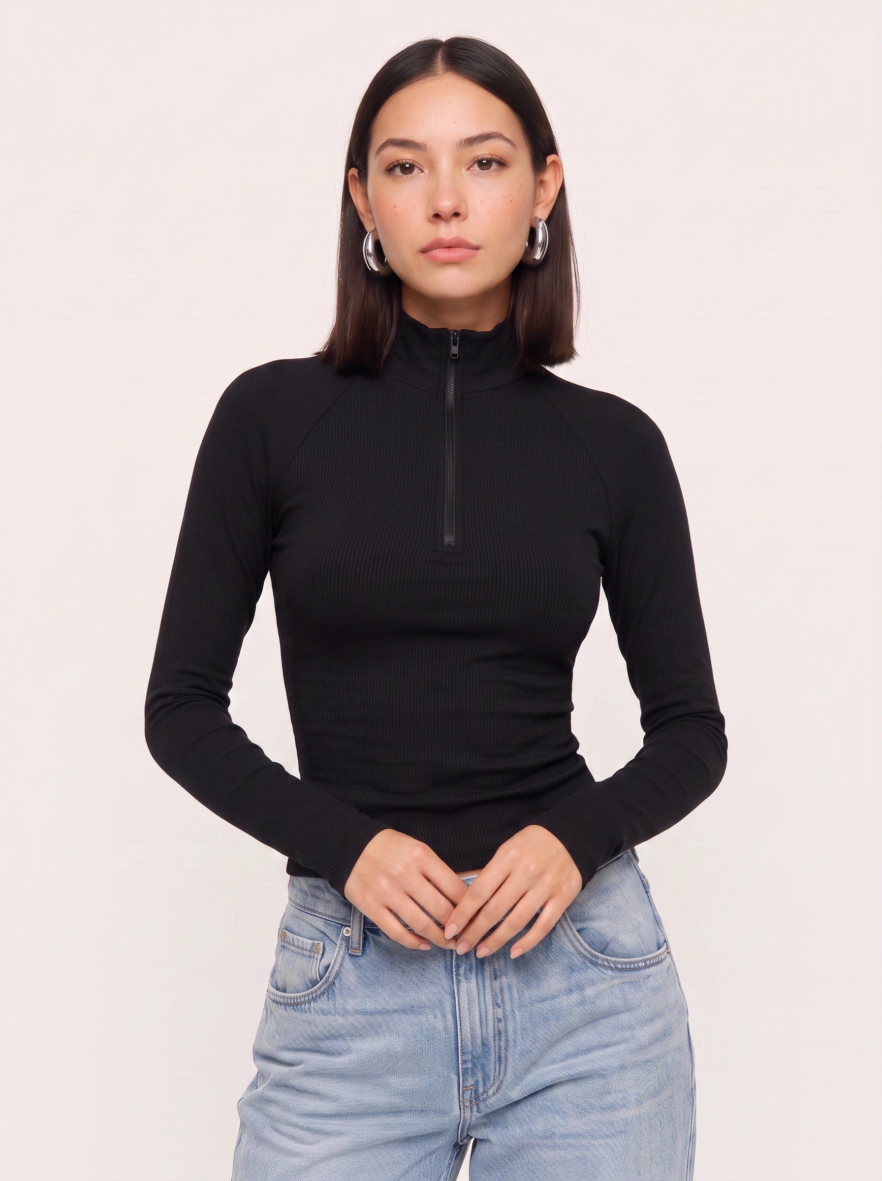 Costella Ribbed Half-Zip Crop Top – Women Long Sleeve High Neck Mock Neck Fitted Crop Top