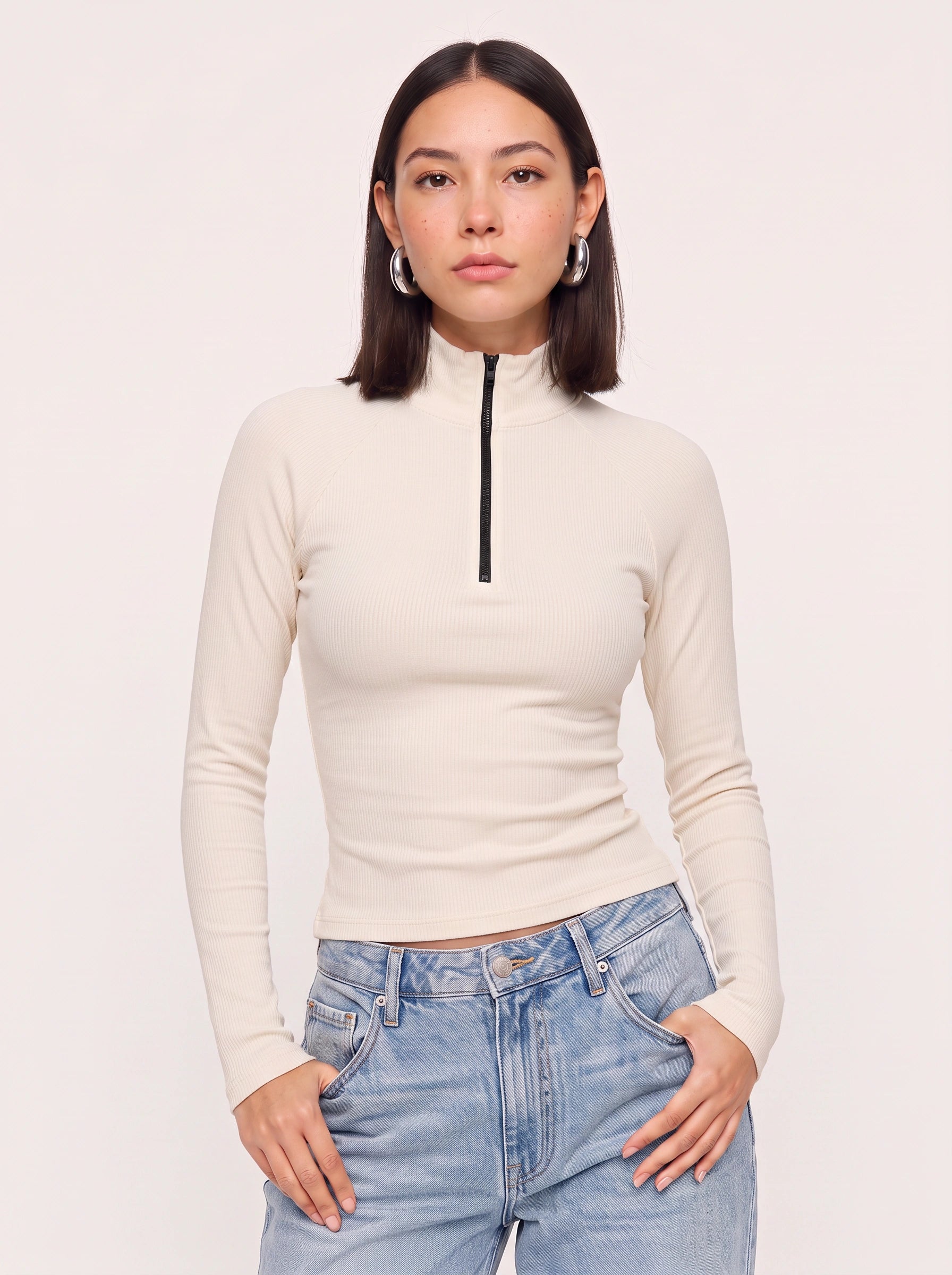 Costella Ribbed Half-Zip Crop Top – Women Long Sleeve High Neck Mock Neck Fitted Crop Top