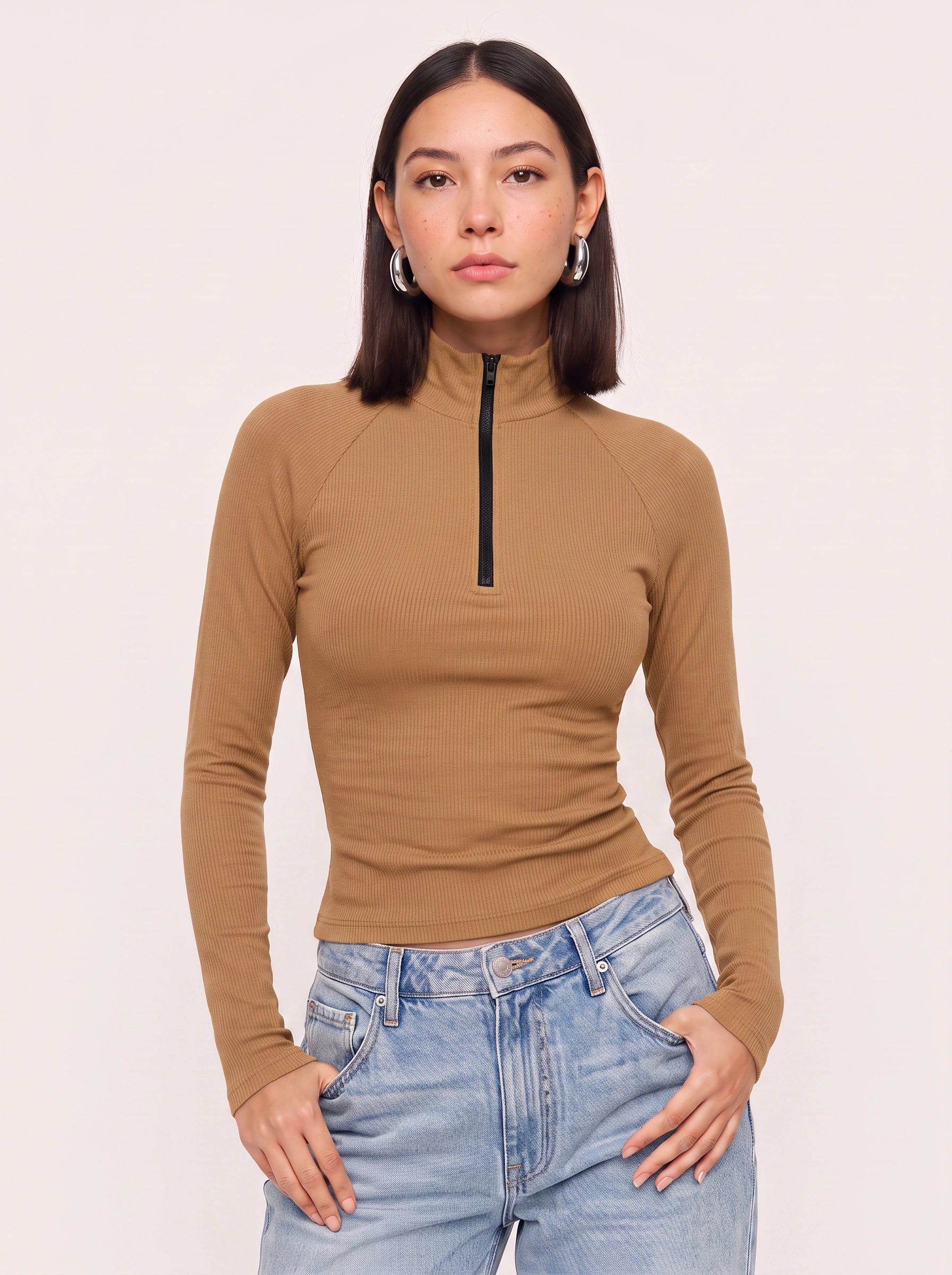Costella Ribbed Half-Zip Crop Top – Women Long Sleeve High Neck Mock Neck Fitted Crop Top