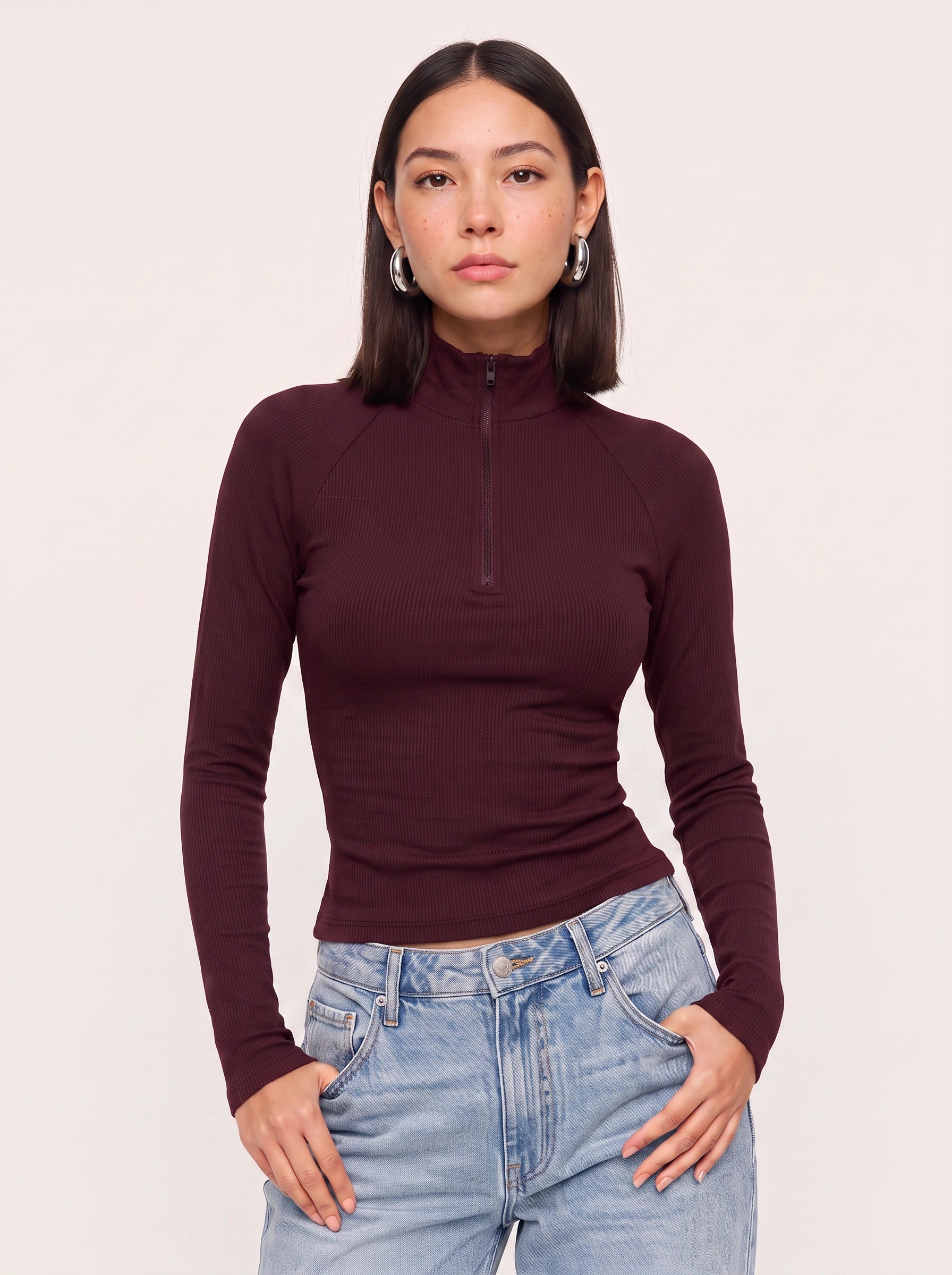 Costella Ribbed Half-Zip Crop Top – Women Long Sleeve High Neck Mock Neck Fitted Crop Top
