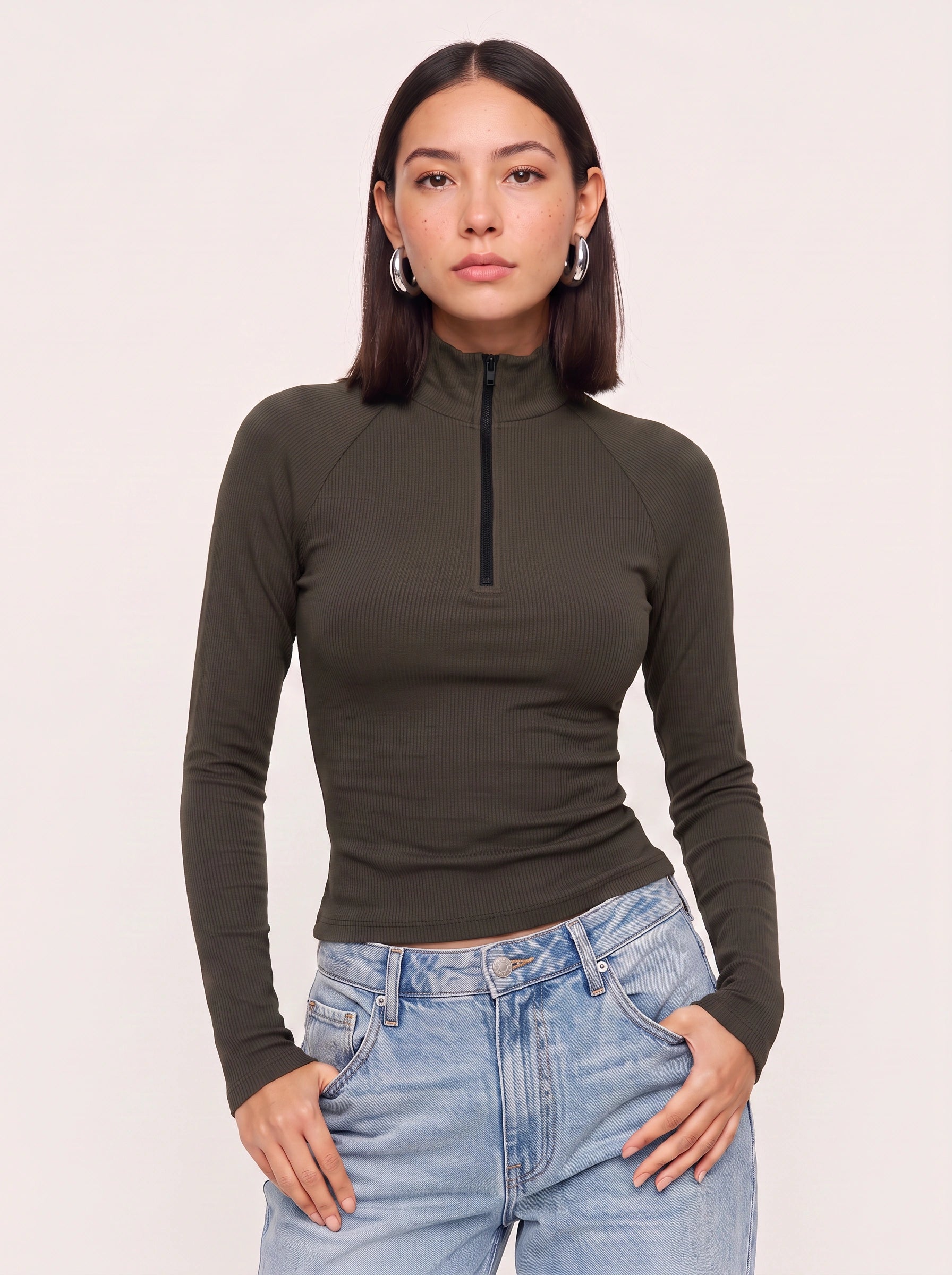 Costella Ribbed Half-Zip Crop Top – Women Long Sleeve High Neck Mock Neck Fitted Crop Top