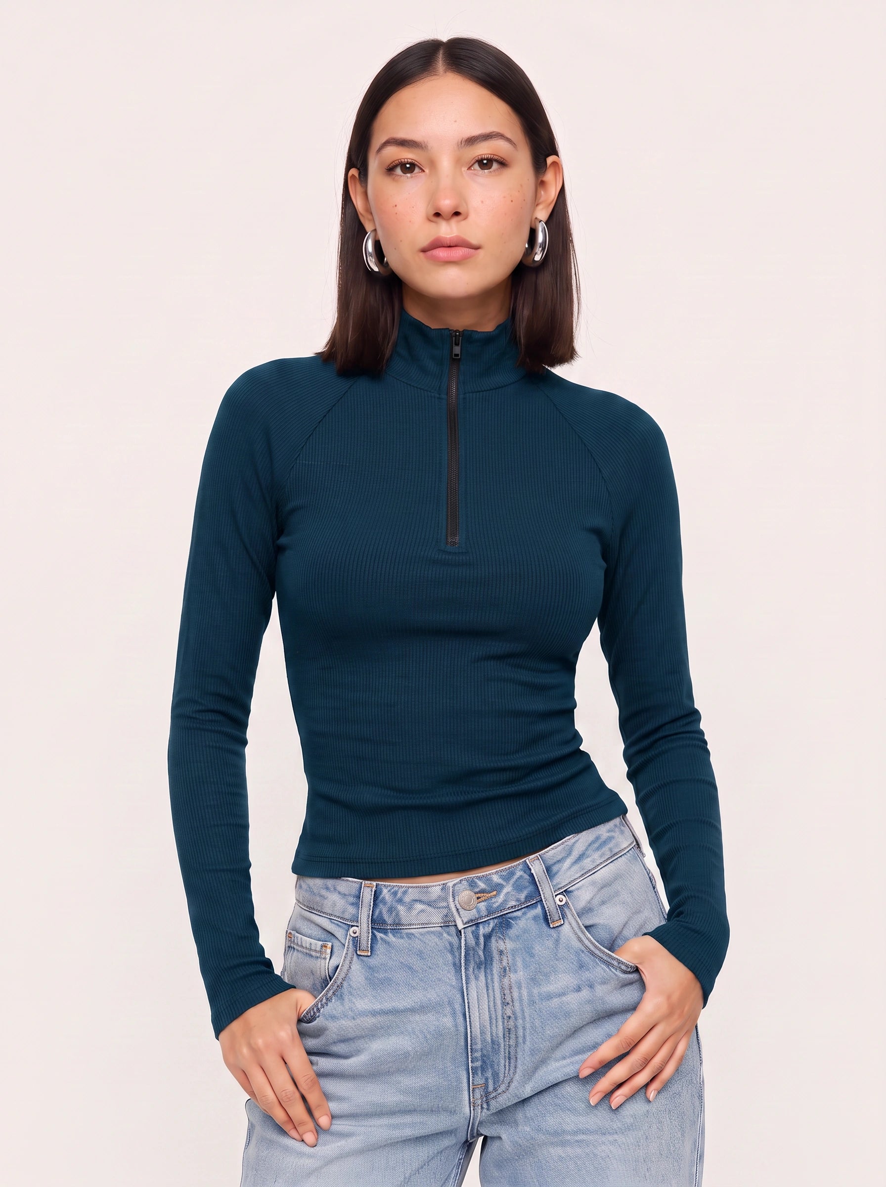 Costella Ribbed Half-Zip Crop Top – Women Long Sleeve High Neck Mock Neck Fitted Crop Top