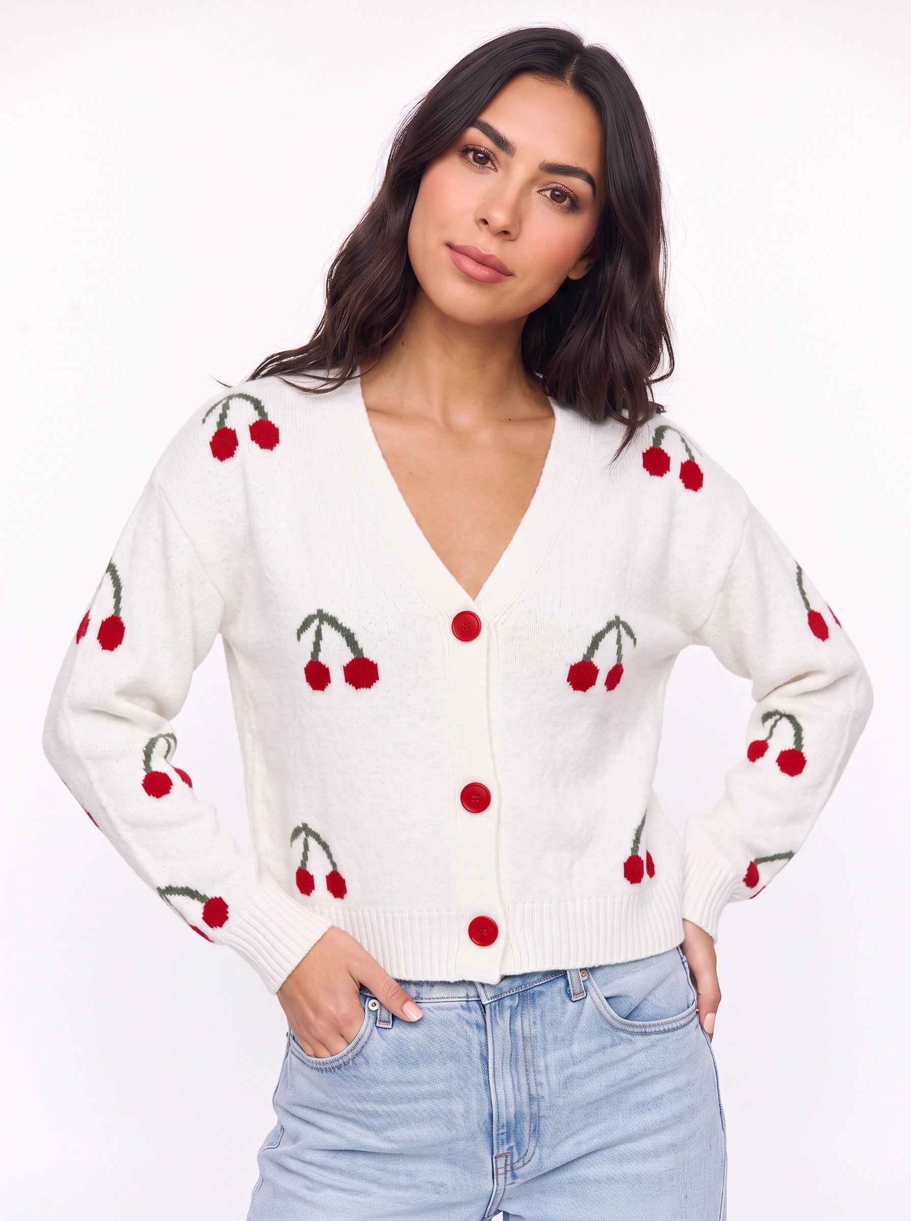 Ciglioso Cherry Embroidered Knit Cardigan – V-Neck Button Front Women Sweater Cropped Chunky Knit Cardigan