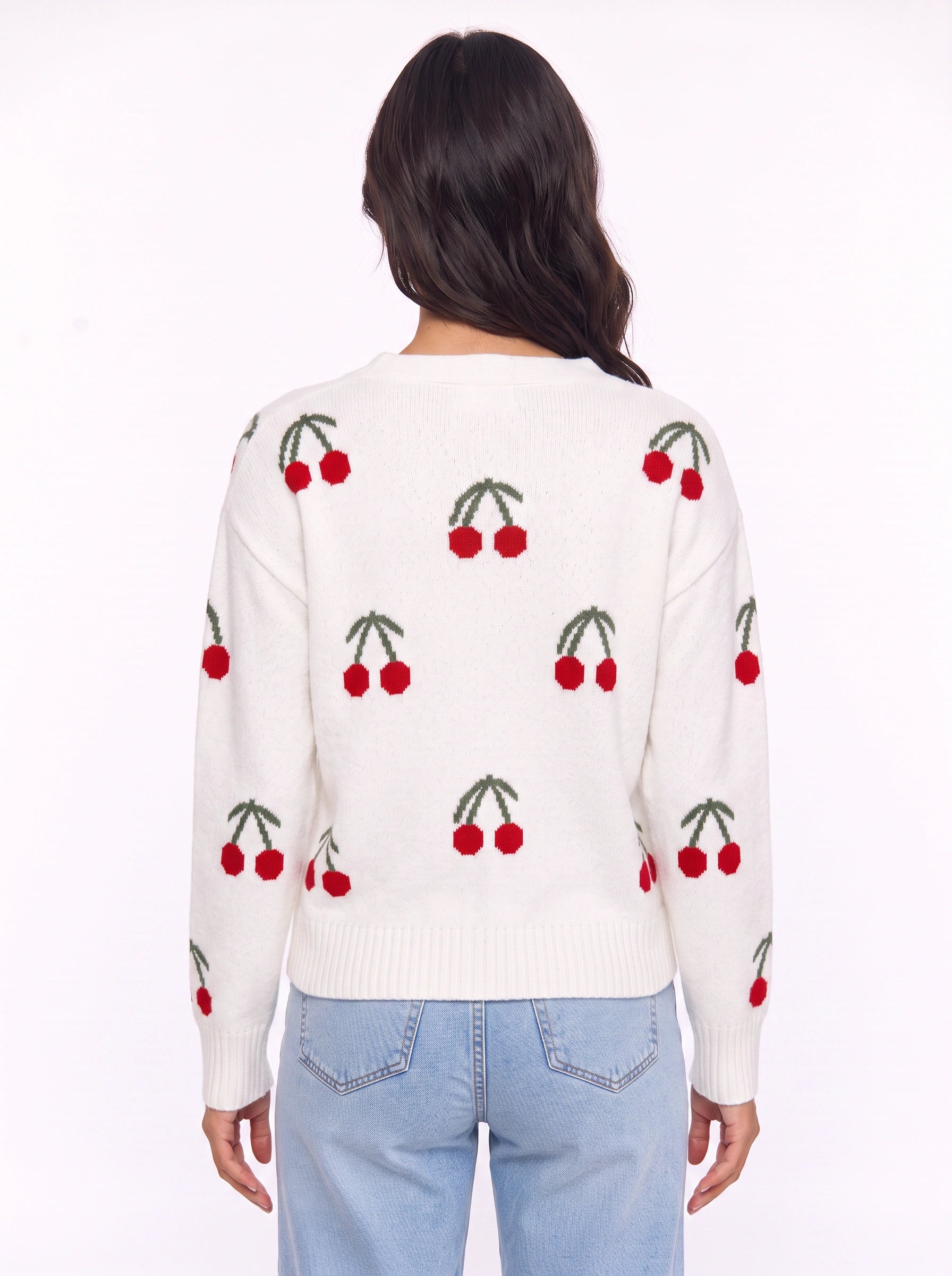 Ciglioso Cherry Embroidered Knit Cardigan – V-Neck Button Front Women Sweater Cropped Chunky Knit Cardigan