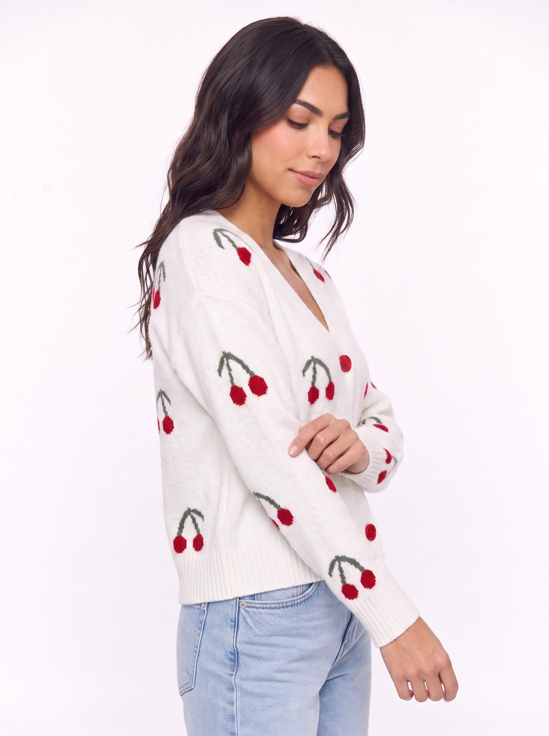 Ciglioso Cherry Embroidered Knit Cardigan – V-Neck Button Front Women Sweater Cropped Chunky Knit Cardigan