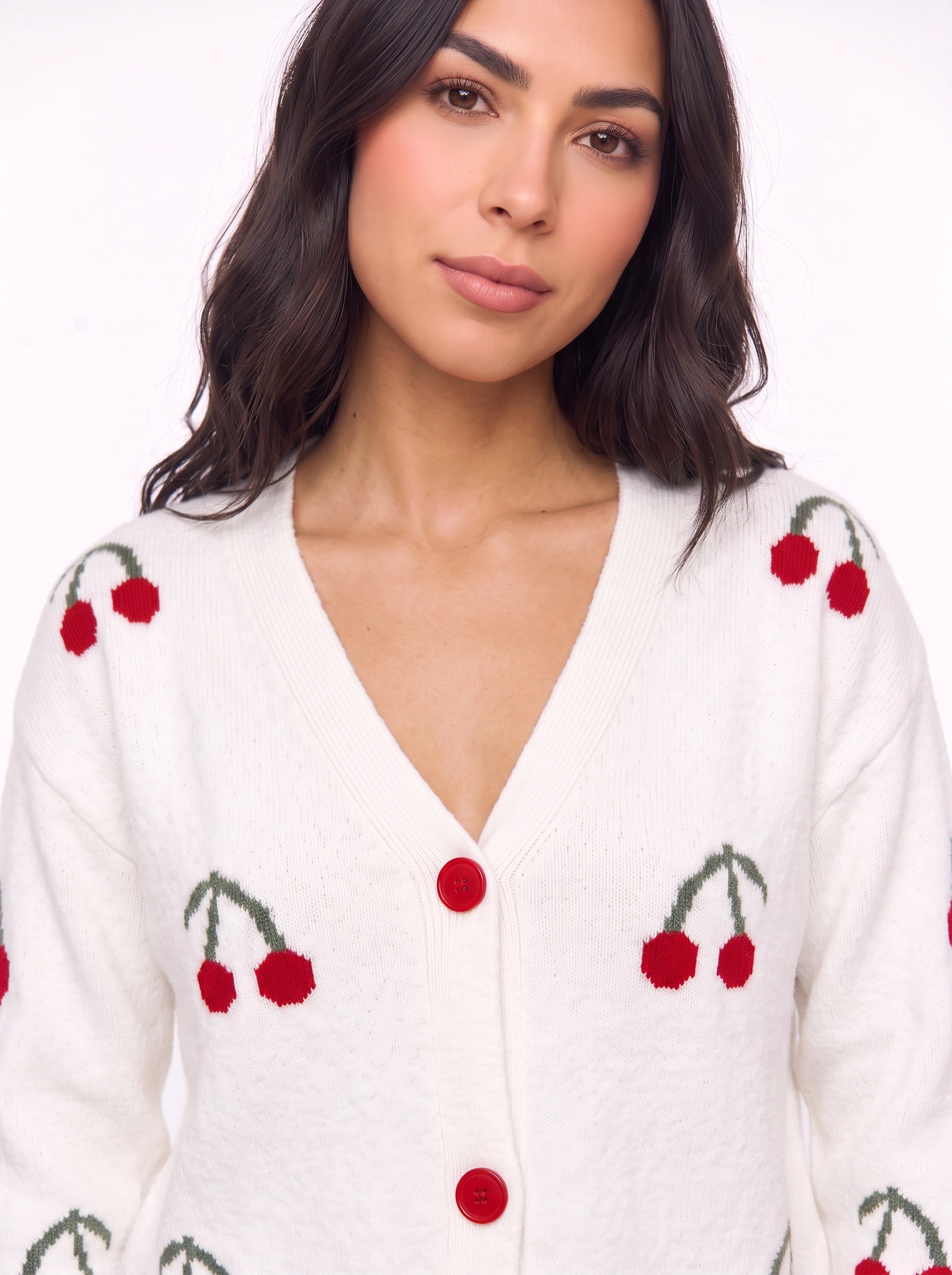 Ciglioso Cherry Embroidered Knit Cardigan – V-Neck Button Front Women Sweater Cropped Chunky Knit Cardigan