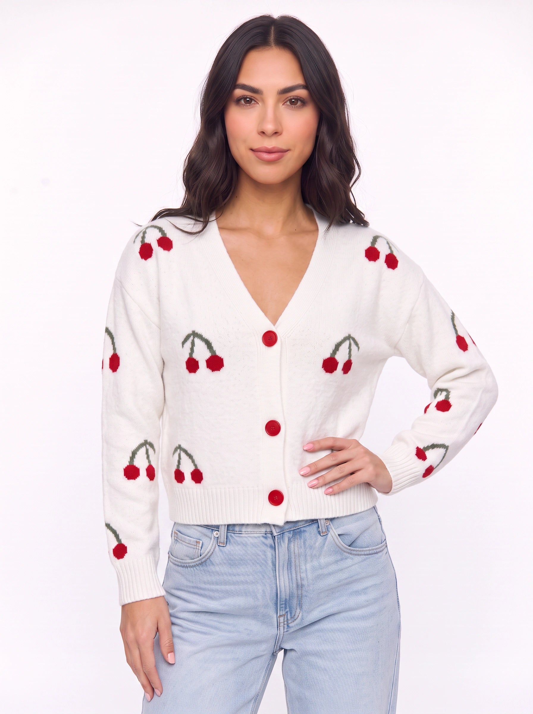 Ciglioso Cherry Embroidered Knit Cardigan – V-Neck Button Front Women Sweater Cropped Chunky Knit Cardigan