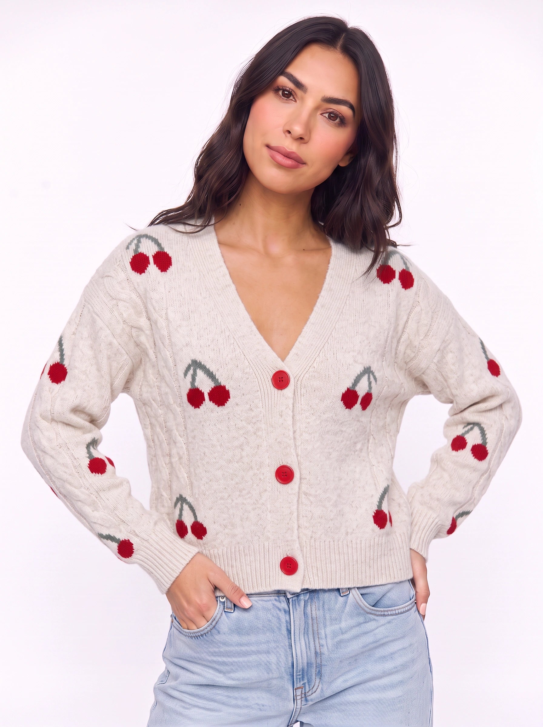 Ciglioso Cherry Embroidered Knit Cardigan – V-Neck Button Front Women Sweater Cropped Chunky Knit Cardigan