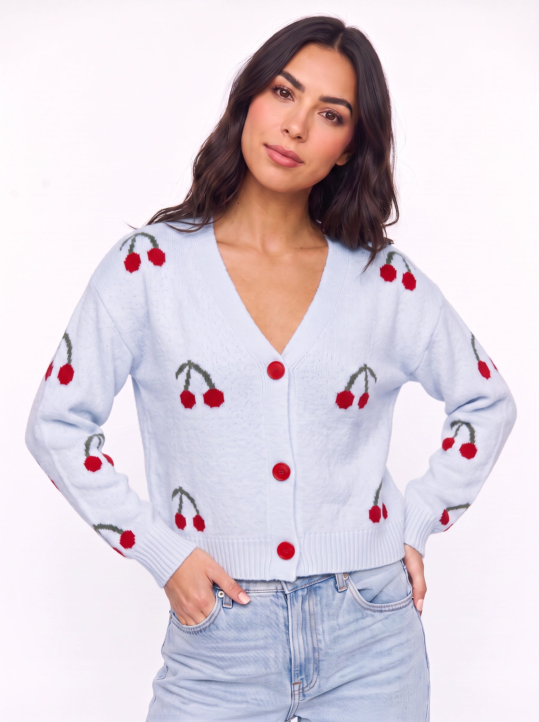 Ciglioso Cherry Embroidered Knit Cardigan – V-Neck Button Front Women Sweater Cropped Chunky Knit Cardigan