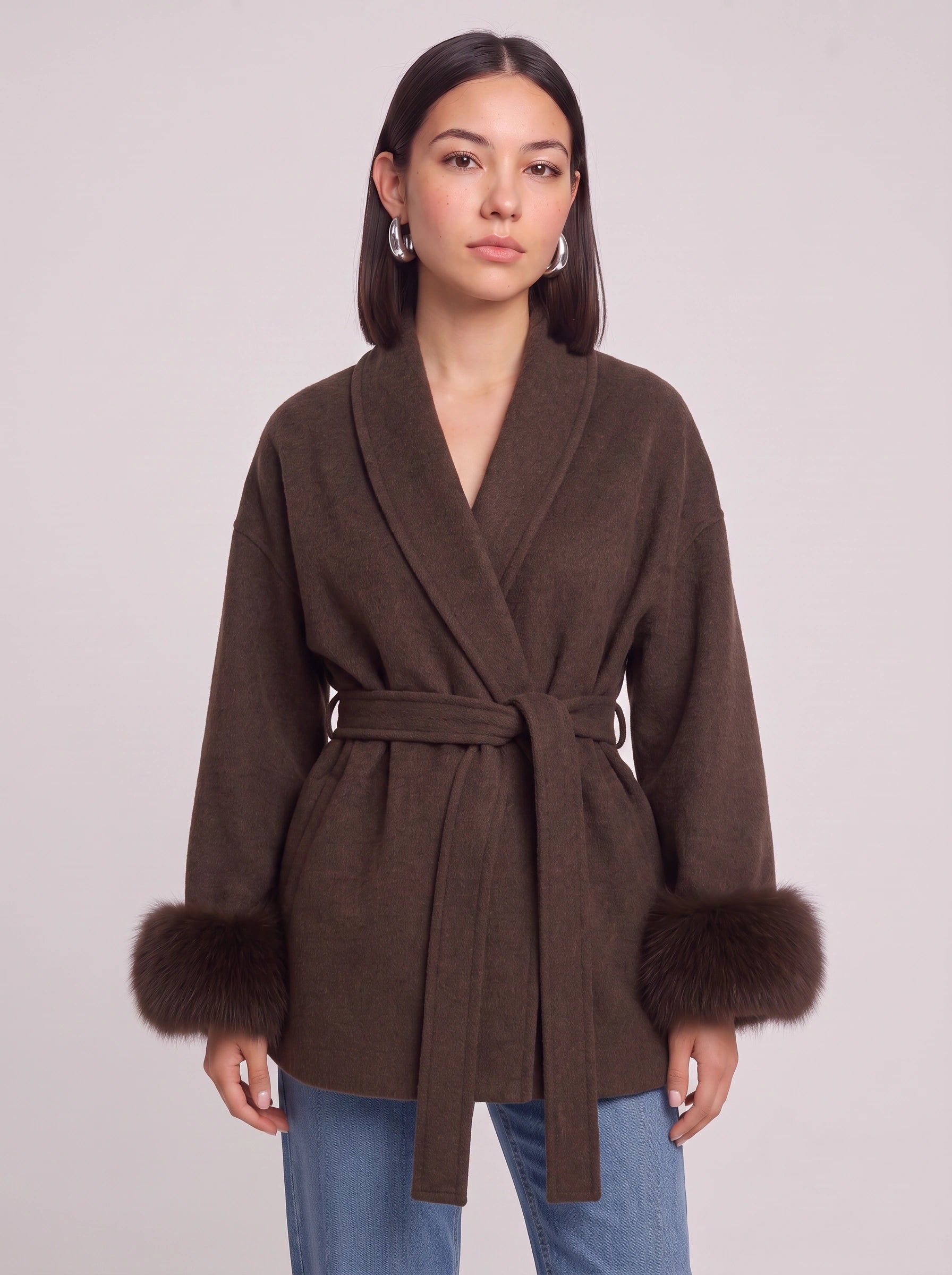 Peluccia Belted Wrap Coat – Faux Fur Cuff Wool Blend Women Luxury Outerwear Grey Wrap Jacket