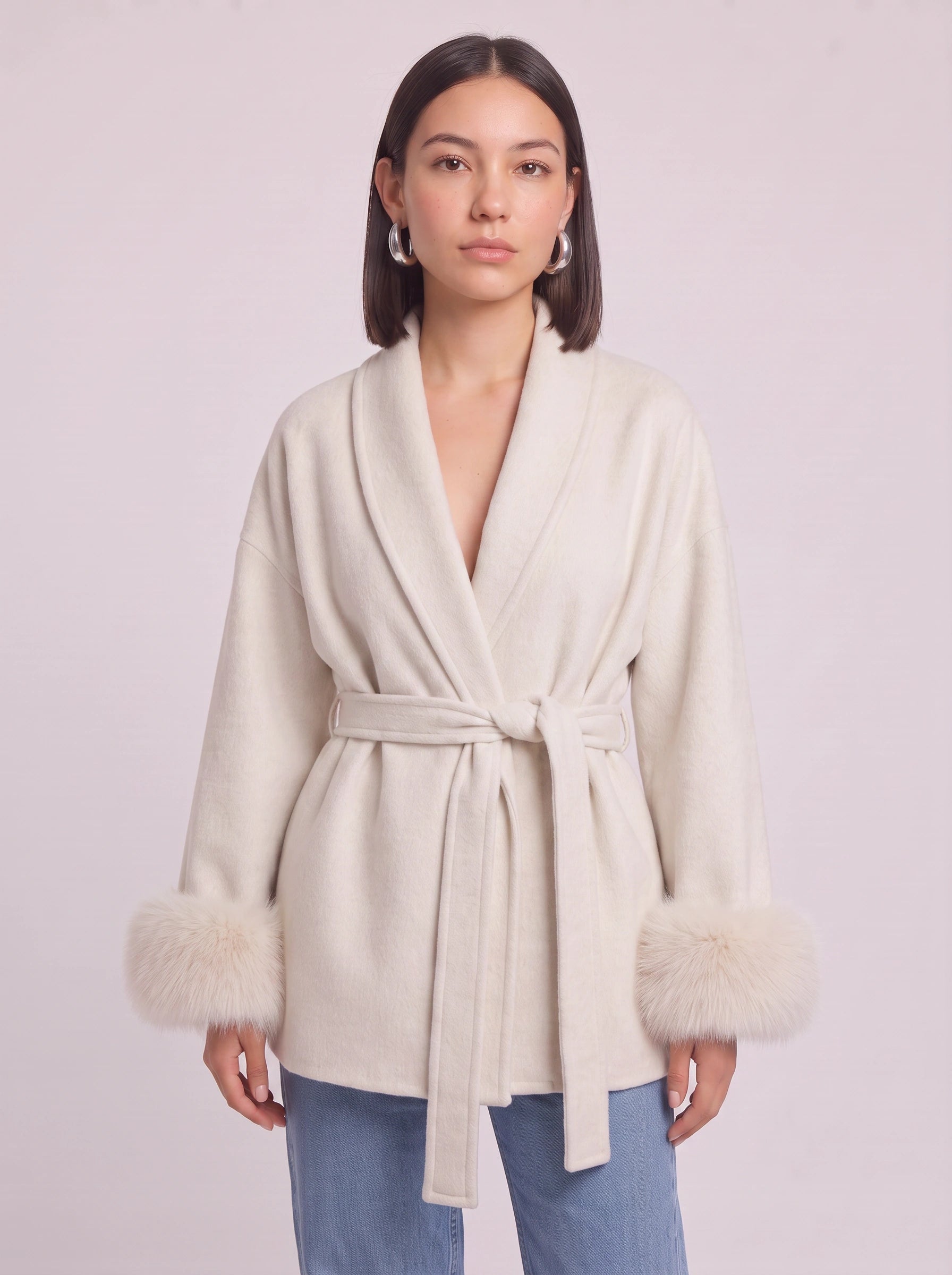 Peluccia Belted Wrap Coat – Faux Fur Cuff Wool Blend Women Luxury Outerwear Grey Wrap Jacket