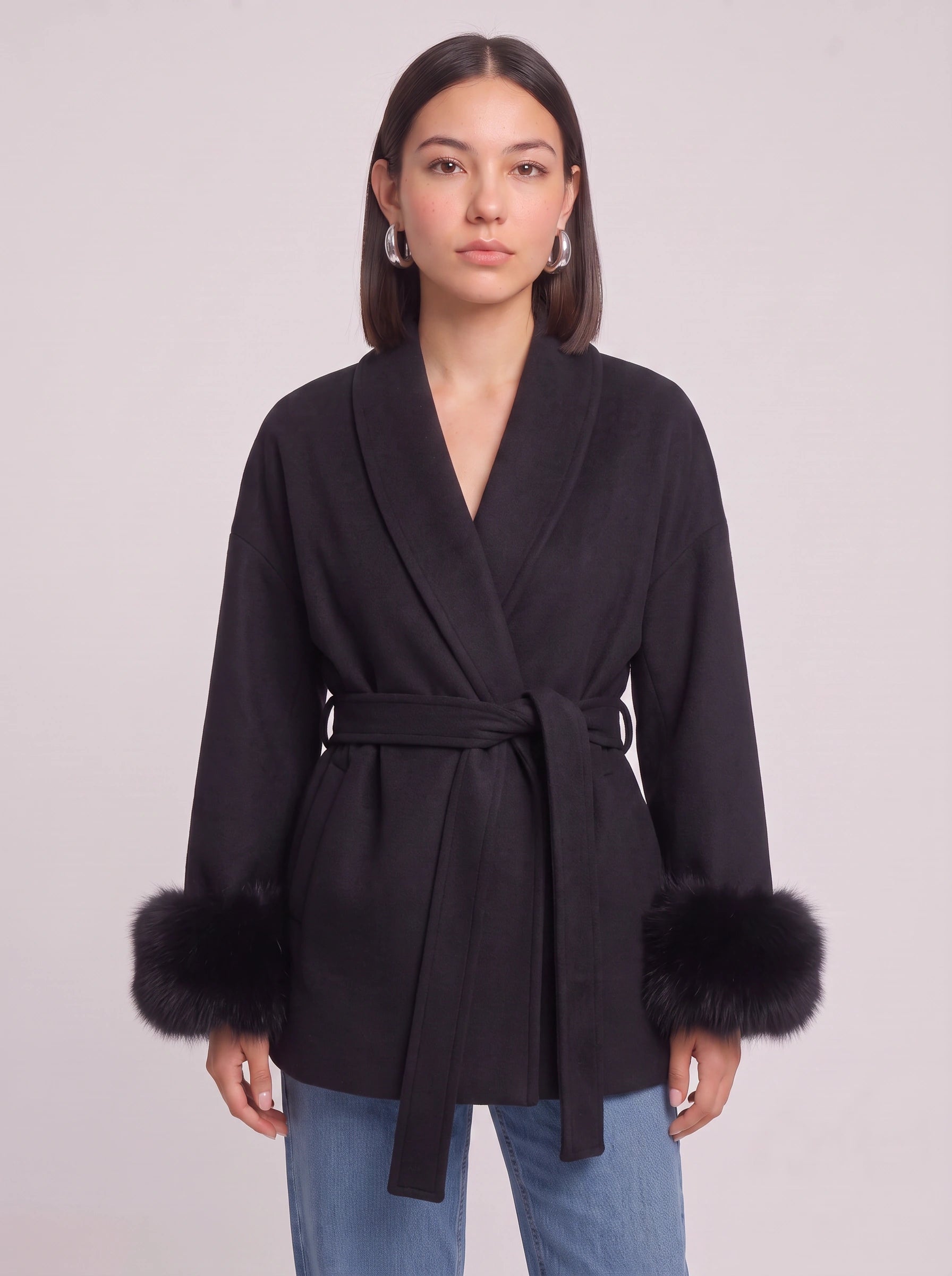Peluccia Belted Wrap Coat – Faux Fur Cuff Wool Blend Women Luxury Outerwear Grey Wrap Jacket