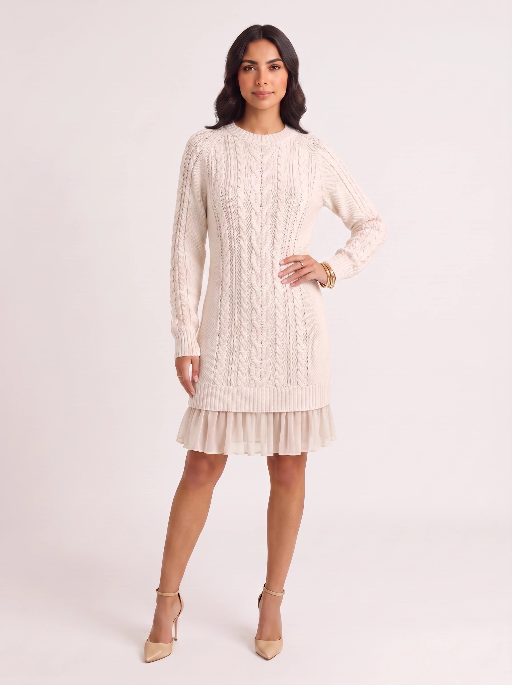 Treccia Cable-Knit Ruffle Hem Mini Dress – Women Sweater Dress Cocktail Party Brunch Long Sleeve Mini Dress