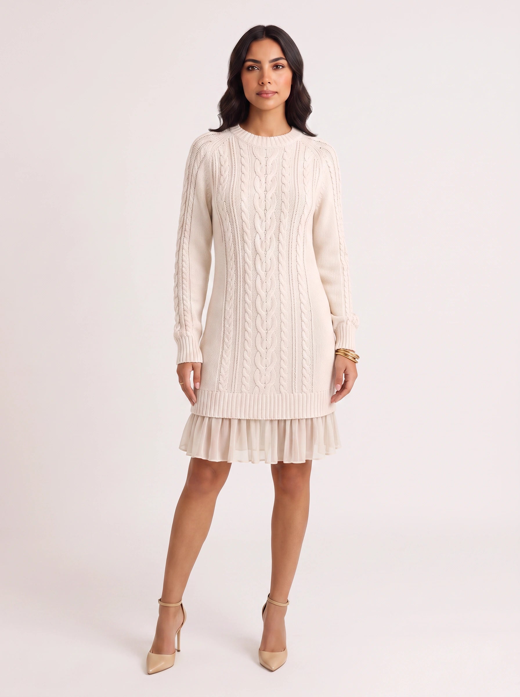Treccia Cable-Knit Ruffle Hem Mini Dress – Women Sweater Dress Cocktail Party Brunch Long Sleeve Mini Dress