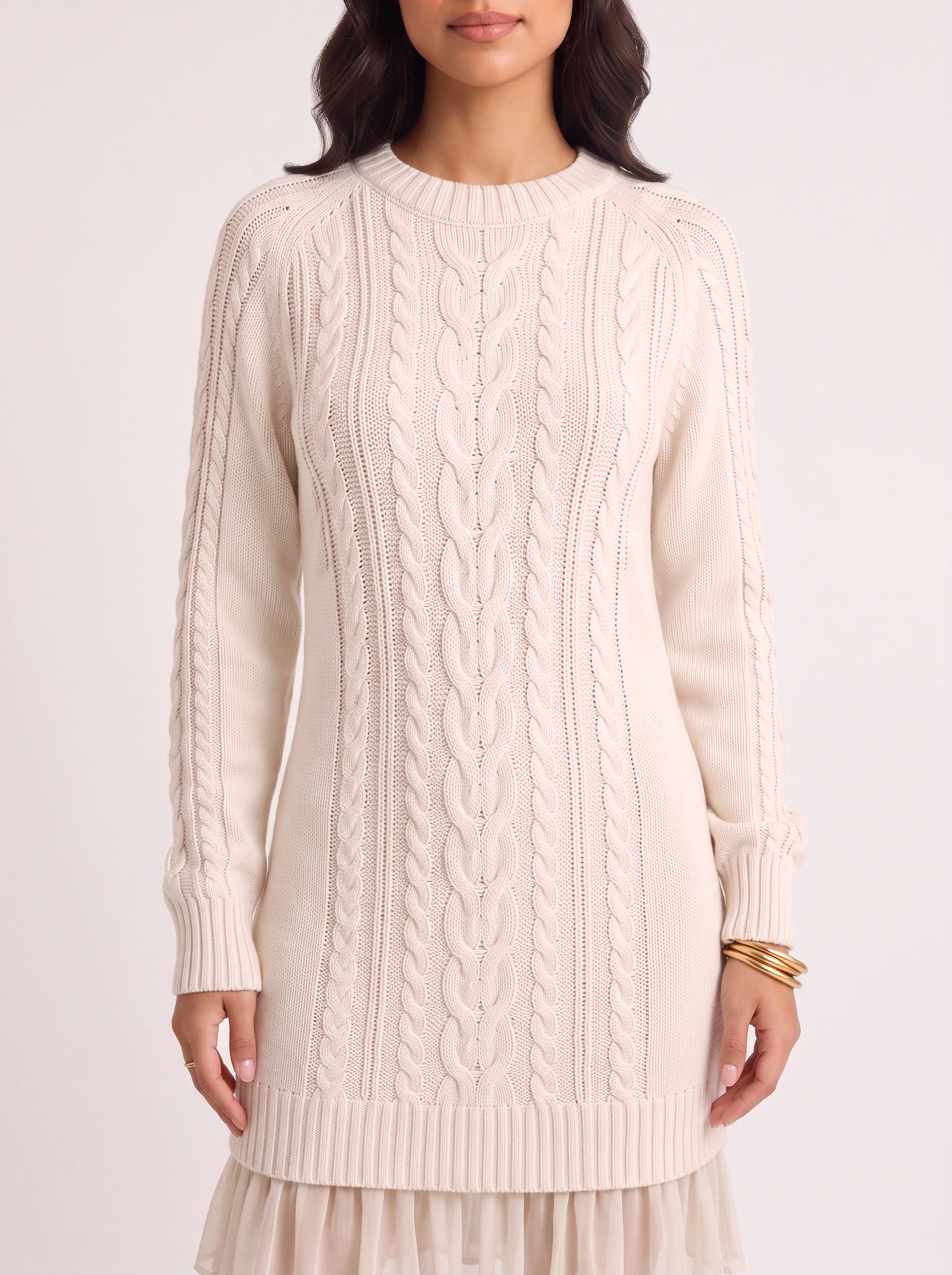 Treccia Cable-Knit Ruffle Hem Mini Dress – Women Sweater Dress Cocktail Party Brunch Long Sleeve Mini Dress