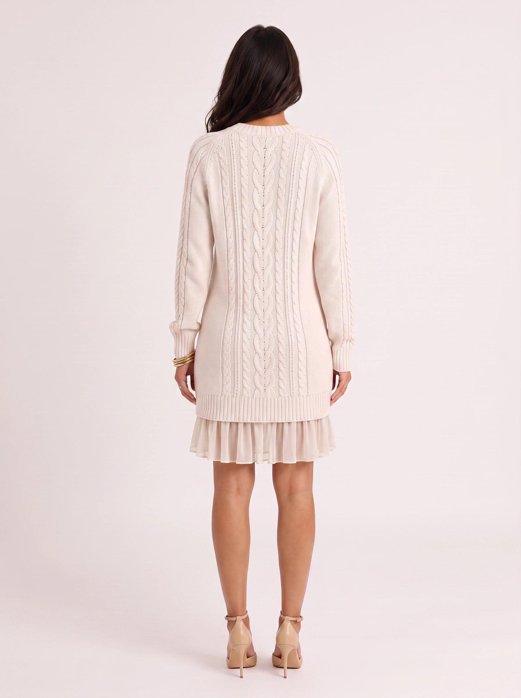 Treccia Cable-Knit Ruffle Hem Mini Dress – Women Sweater Dress Cocktail Party Brunch Long Sleeve Mini Dress