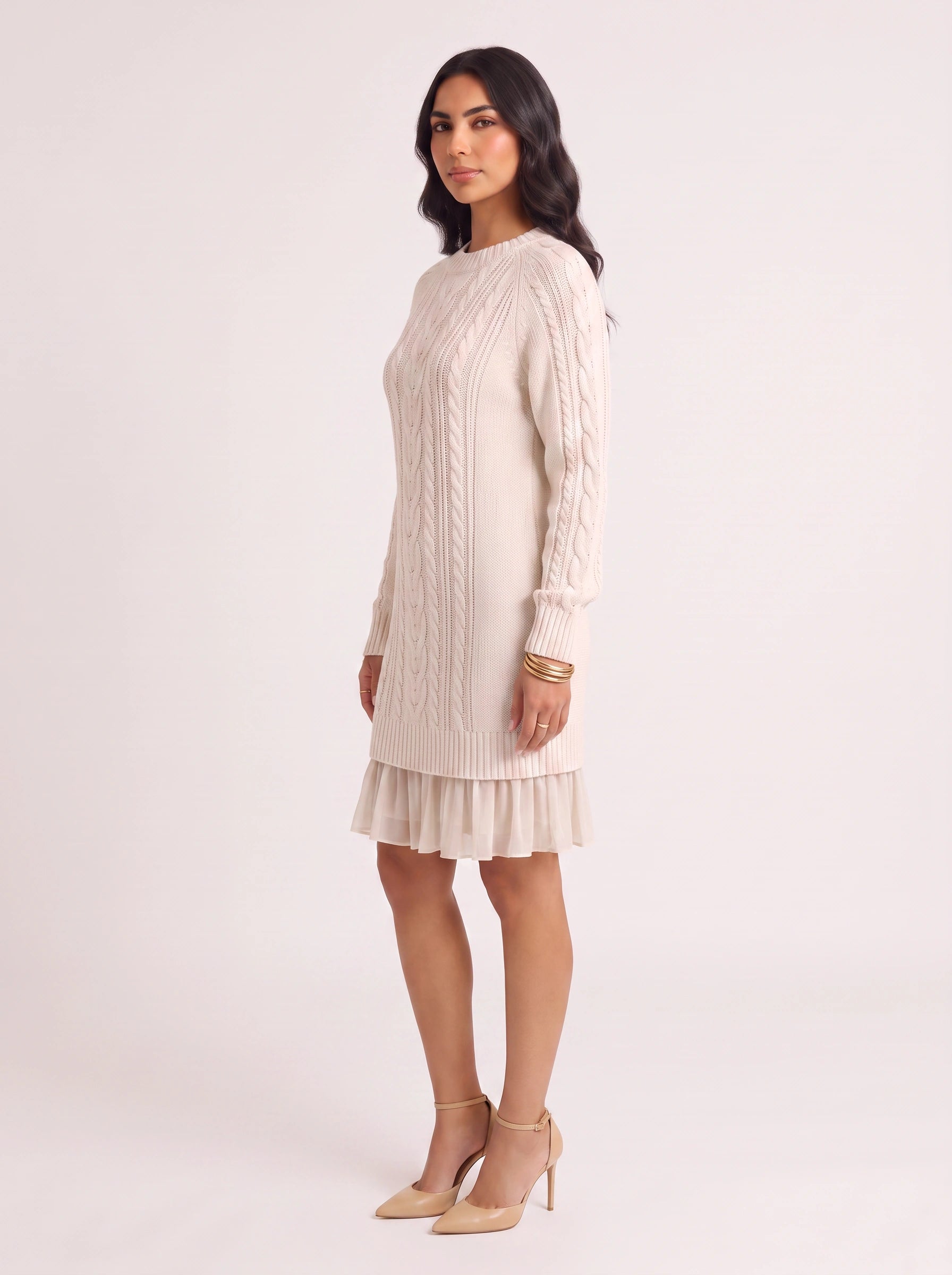 Treccia Cable-Knit Ruffle Hem Mini Dress – Women Sweater Dress Cocktail Party Brunch Long Sleeve Mini Dress
