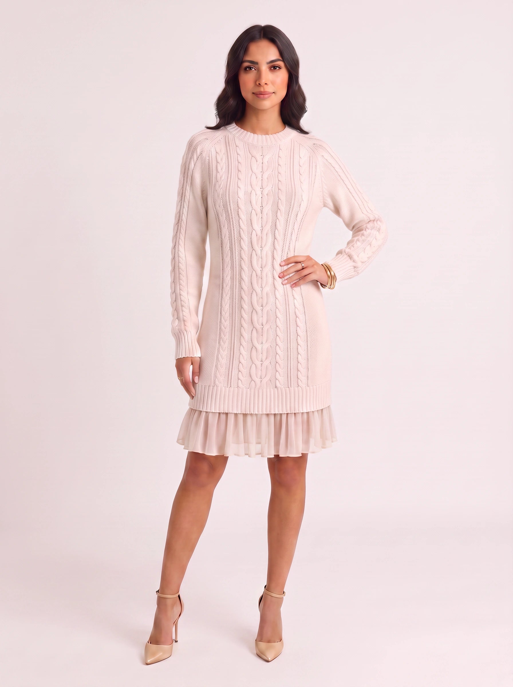 Treccia Cable-Knit Ruffle Hem Mini Dress – Women Sweater Dress Cocktail Party Brunch Long Sleeve Mini Dress