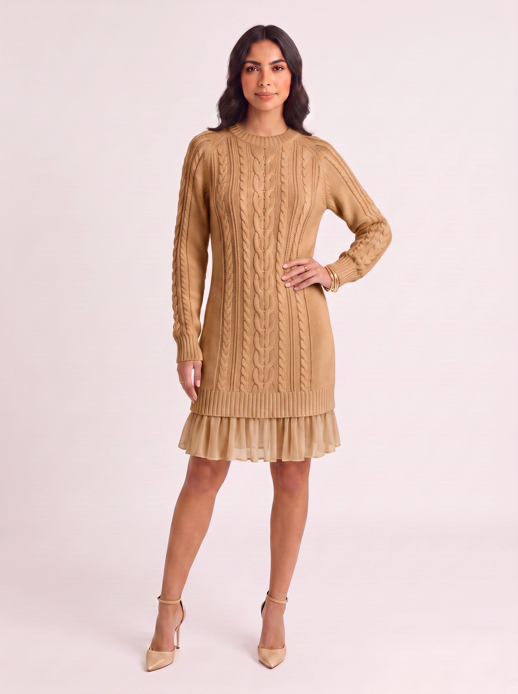 Treccia Cable-Knit Ruffle Hem Mini Dress – Women Sweater Dress Cocktail Party Brunch Long Sleeve Mini Dress