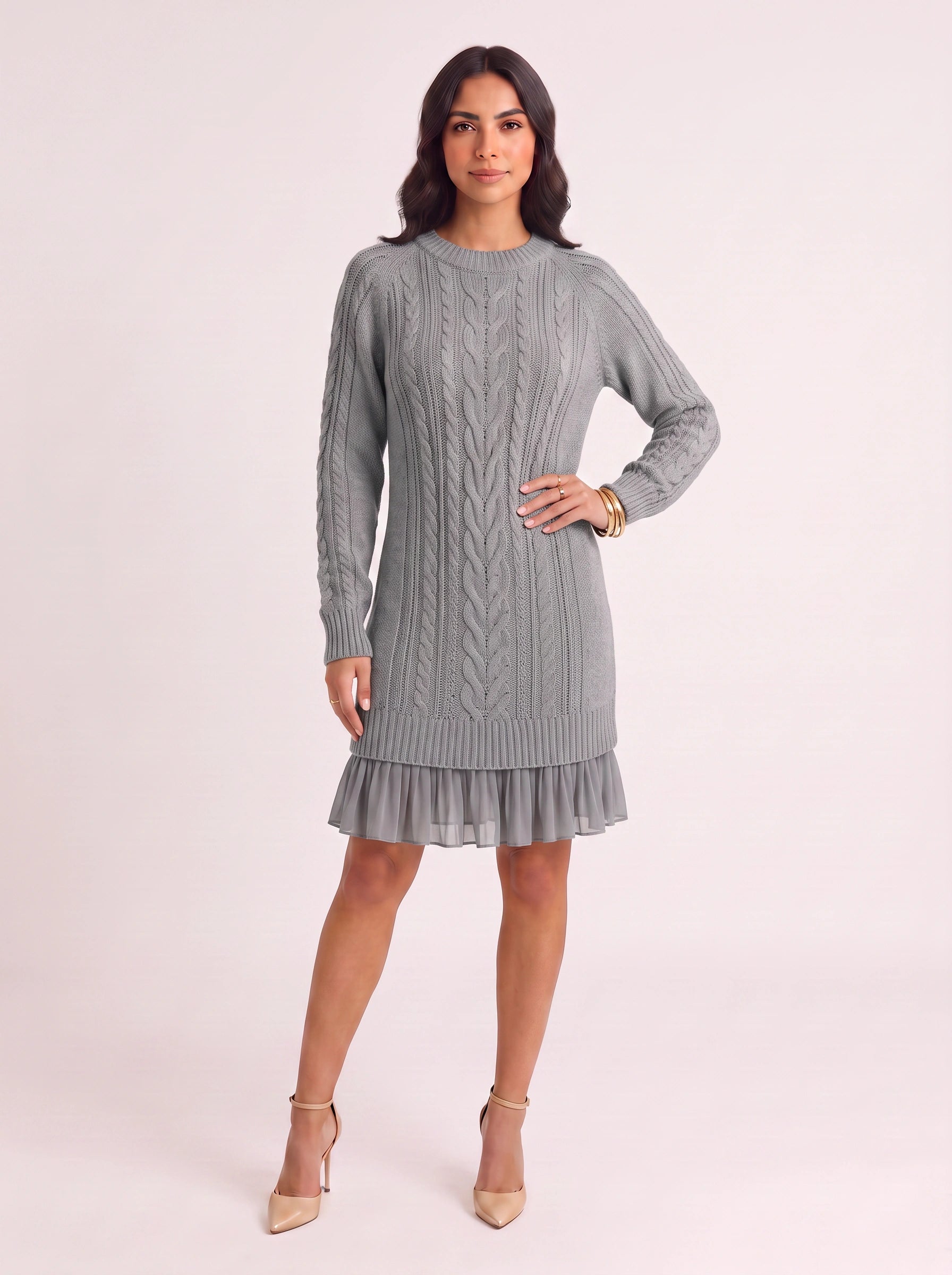 Treccia Cable-Knit Ruffle Hem Mini Dress – Women Sweater Dress Cocktail Party Brunch Long Sleeve Mini Dress