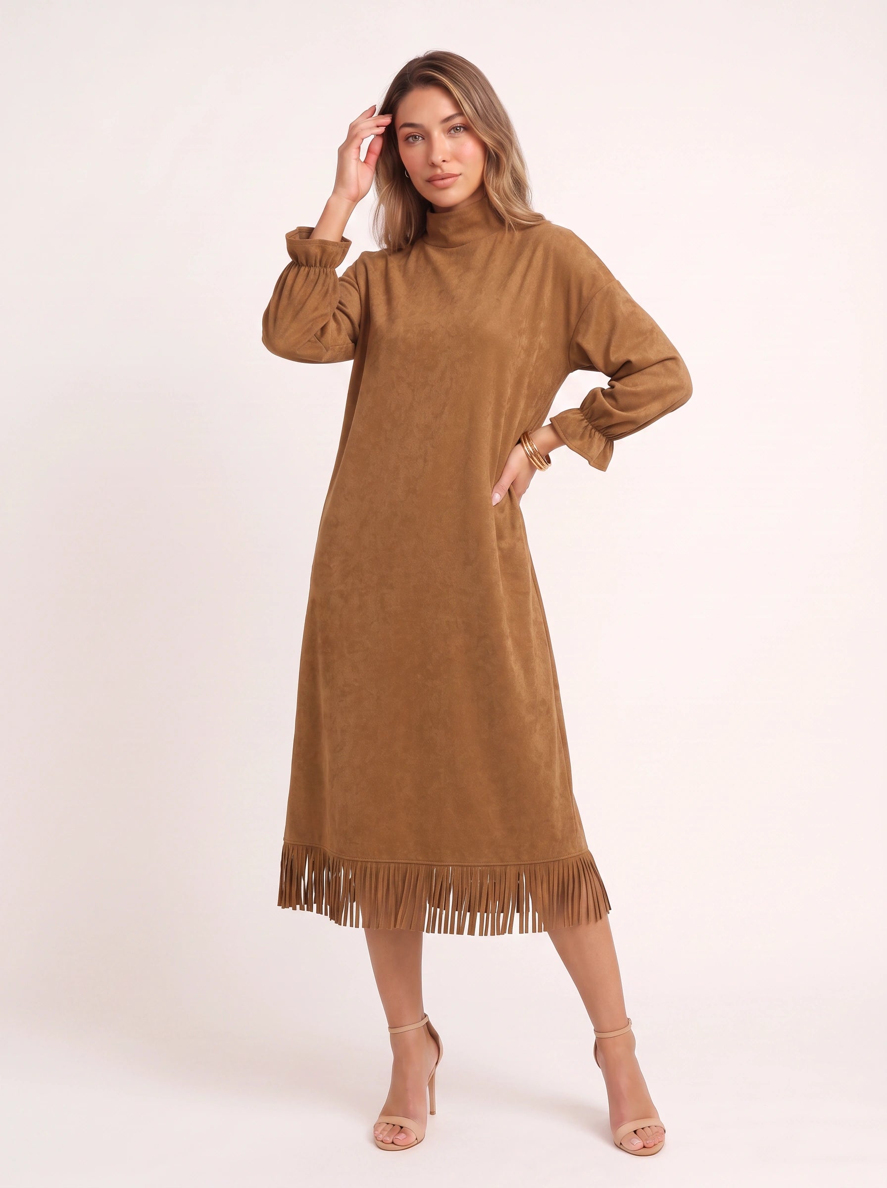 Frangelle Suede Mock Neck Fringe Midi Dress – High Neck Long Sleeve Women Shift Midi Dress