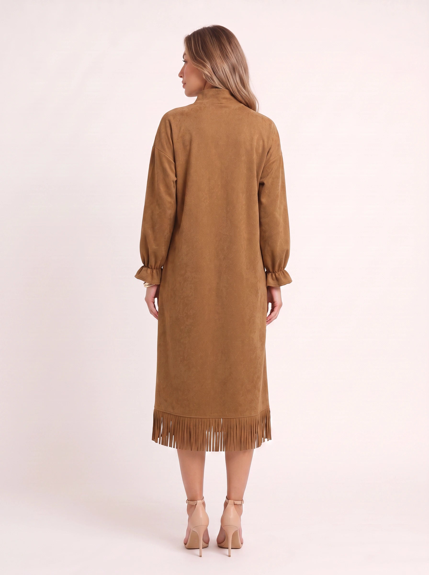 Frangelle Suede Mock Neck Fringe Midi Dress – High Neck Long Sleeve Women Shift Midi Dress