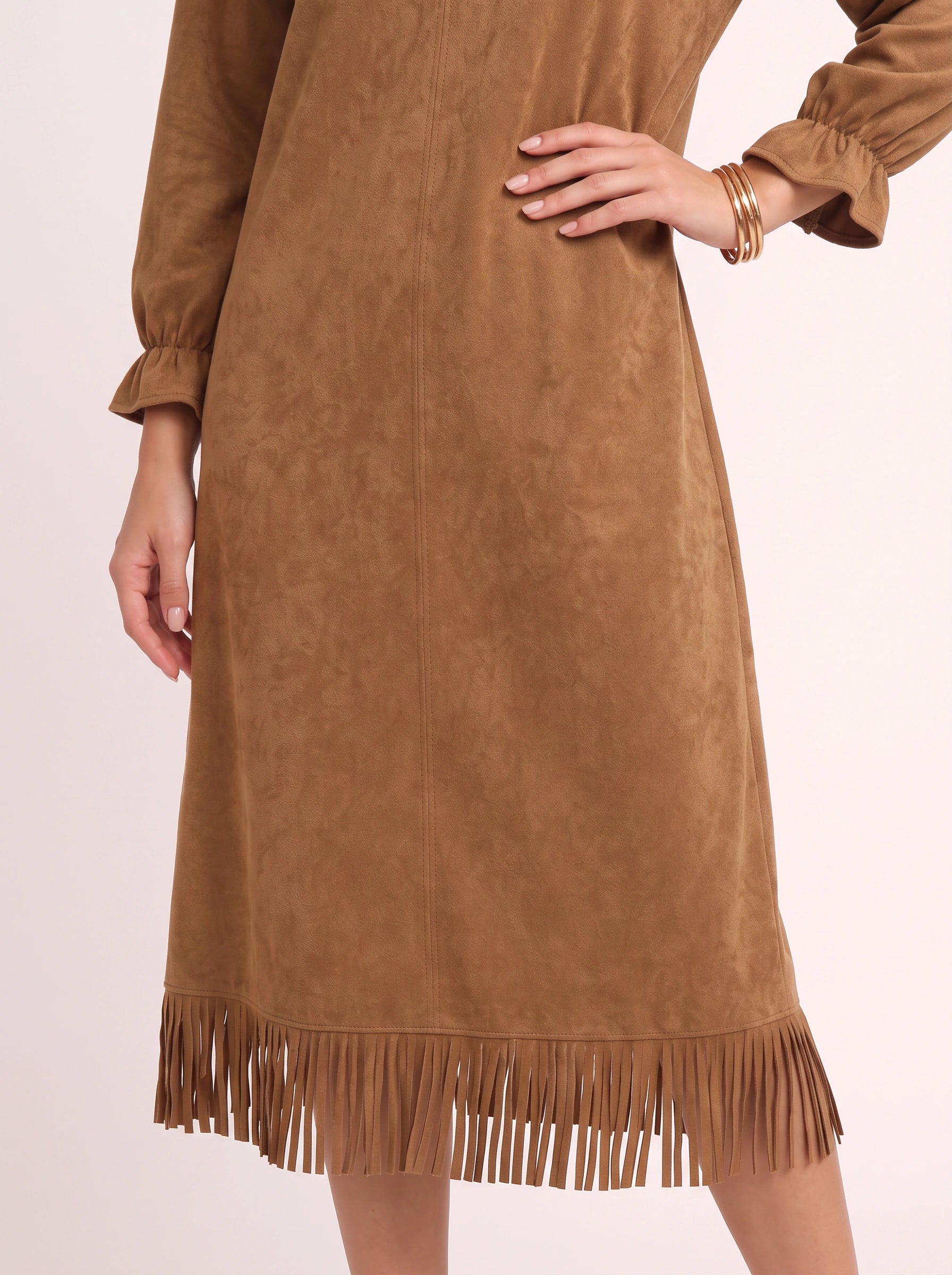 Frangelle Suede Mock Neck Fringe Midi Dress – High Neck Long Sleeve Women Shift Midi Dress