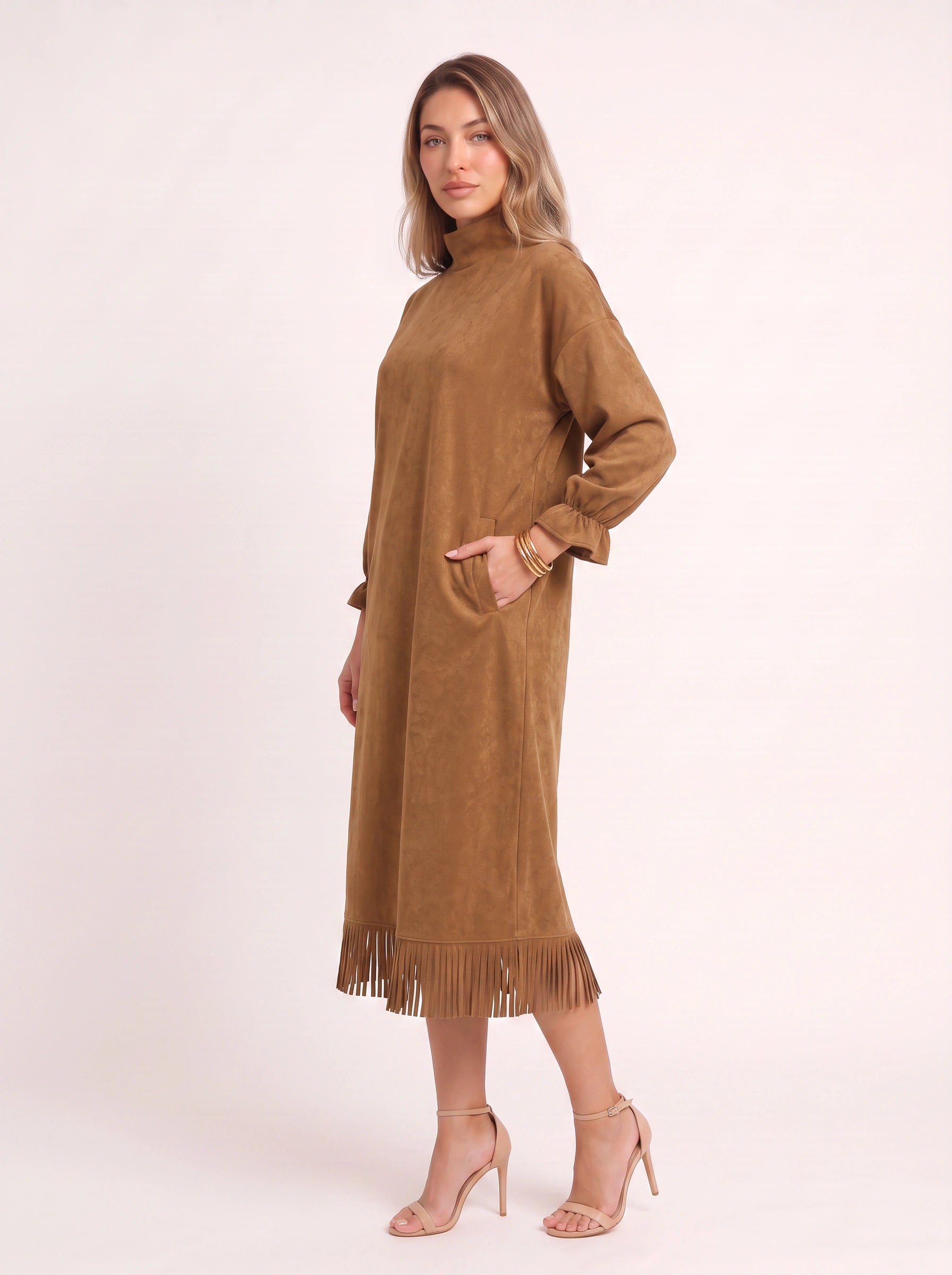 Frangelle Suede Mock Neck Fringe Midi Dress – High Neck Long Sleeve Women Shift Midi Dress