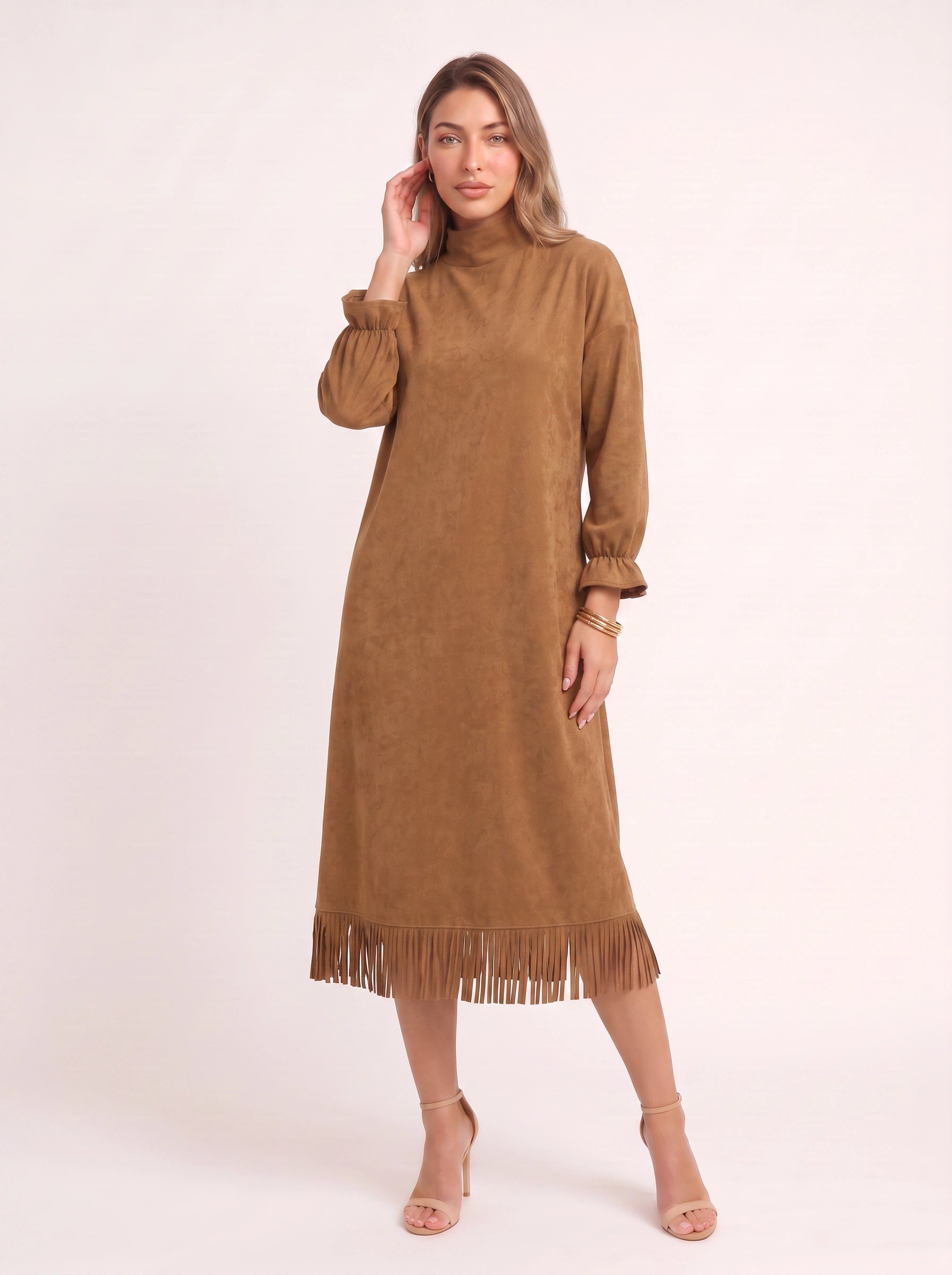 Frangelle Suede Mock Neck Fringe Midi Dress – High Neck Long Sleeve Women Shift Midi Dress