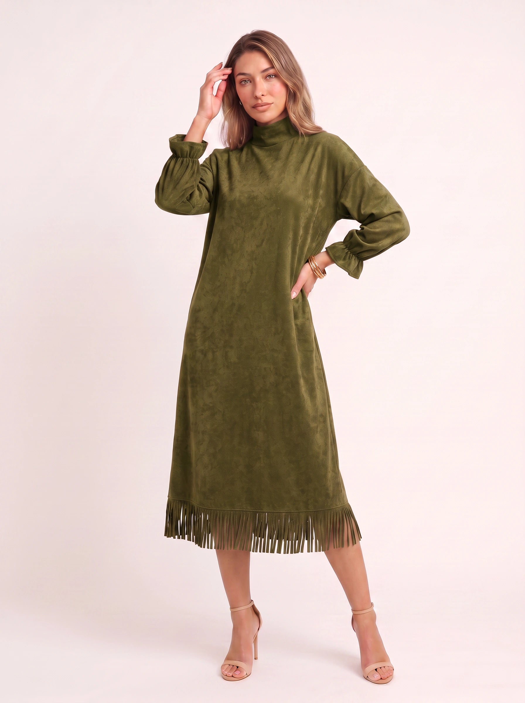 Frangelle Suede Mock Neck Fringe Midi Dress – High Neck Long Sleeve Women Shift Midi Dress