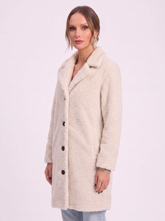 Bouclétte Longline Teddy Coat – Women Button Front Shearling Sherpa Fleece Jacket Longline Coat